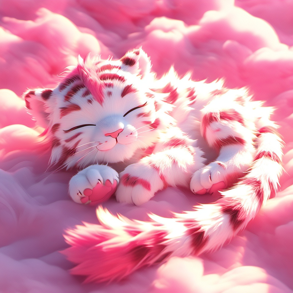 yinhu,tigger,fluffy,pink pattern,soft lighting,tiger boy,white fur,whimsy and dramatic lighting,warm colors,tigger focus,mf-movie-filter,cc-color-correction,cute,whiskers,:3,^ ^,no humans,closed eyes,tiger,cloud,red theme,lying,full body,solo,cloudy sky,sleeping,closed mouth,pink theme,sky,<lora:yinhu_xl:0.8>,