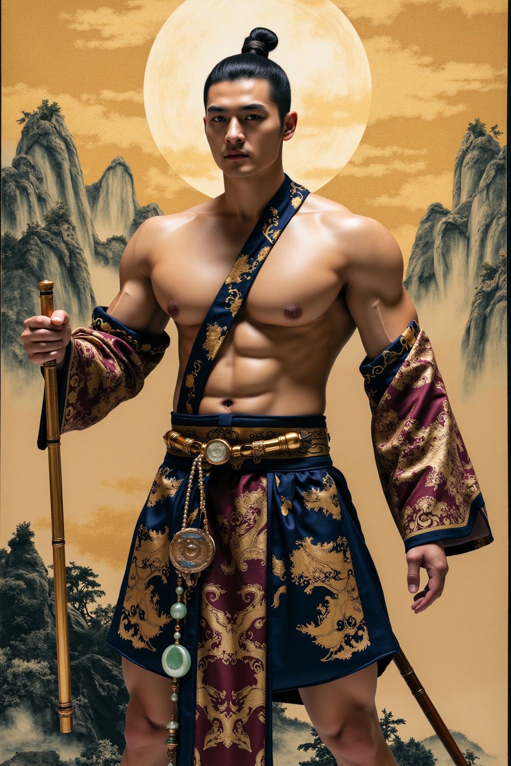 asain man,A muscular martial artist swathed in brocade with cloud-**** patterns,his sleeves fluttering **** splashed ink landscapes. A jade-inlaid bamboo flute hangs from his waist,and behind him unfolds a hundred-meter-long scroll of splashed-color mountain and river paintings. The interweaving of cold moonlight and the shimmering golden strokes within the scroll unfolds a chivalrous legend spanning the martial world...jzns,wak,double-exposure,