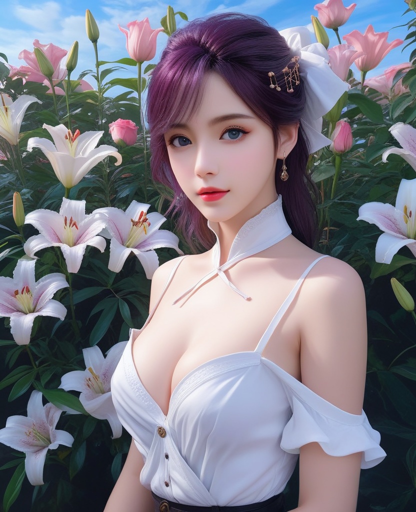 <lora:639-DA-XL-眷思量-须灵犀:0.8>(,1girl, ,best quality, ),looking at viewer,  ,ultra detailed 8k cg,ultra detailed background,ultra realistic 8k cg,1girl, solo,(bare shoulders:0.85),(masterpiece, best quality),((oil painting style)),sexy young lady,(beautiful face and eyes),(upper body:1.5),(whole body:1.05),(single person:1.2),surrounded by flowers, (lily), roses, floret, vegetation, white, purple, purplish pink,Impressionism,colorful,(Breast size:1.3),(cleavage),