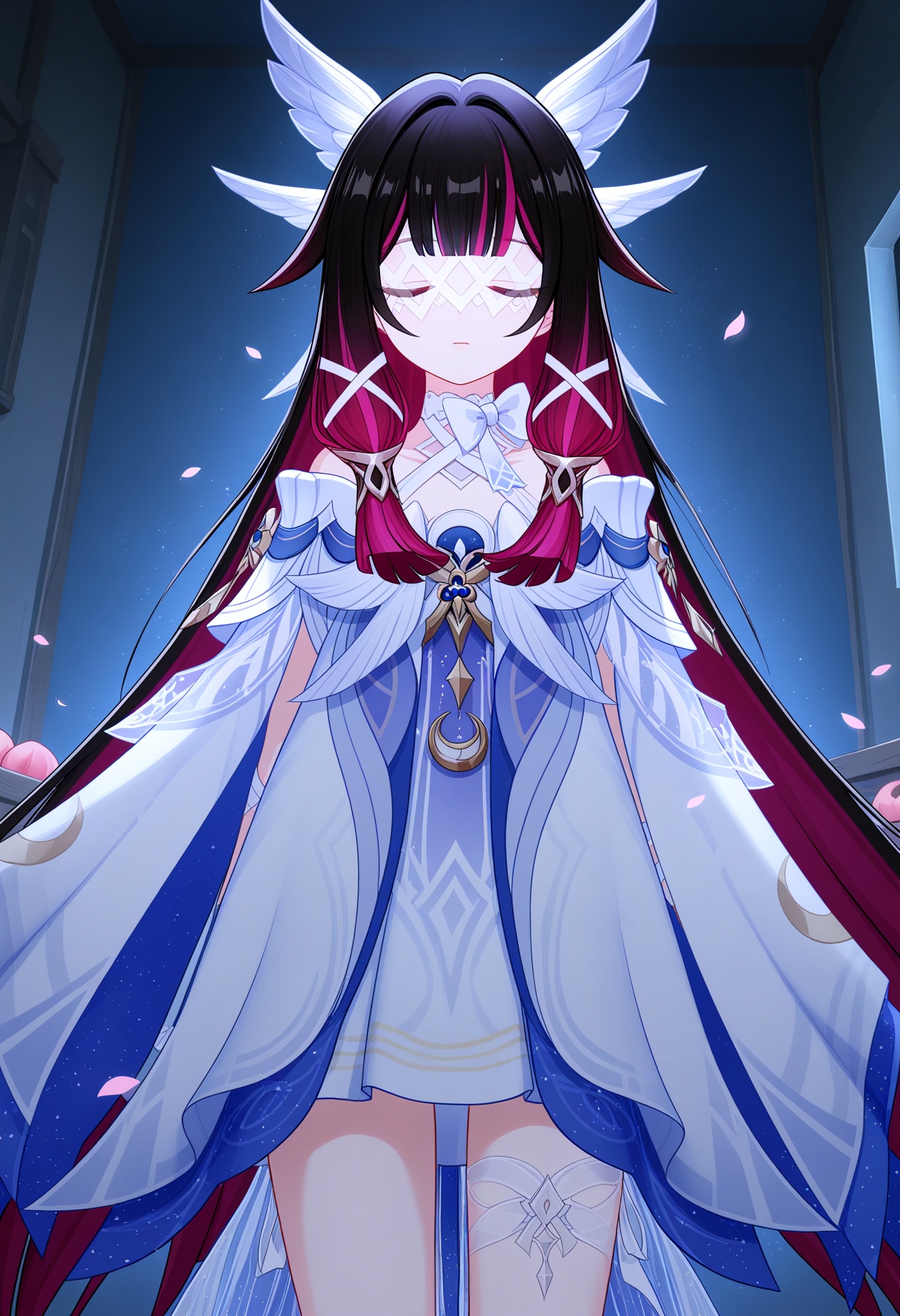 (cowboy shot:1.2),looking at viewer:1.1,masterpiece,(best quality),smog,Dark room,dim lighting,peach blossom,falling petals,<lora:YQ_Illustrious光辉二次元v1_哥伦比娅_V1:0.8>,q1528437228,1girl,solo,closed eyes,purple eyes,long hair,black hair,multicolored hair,hair ornament,dress,two-tone hair,white dress,eye mask,wings,pink hair,white mask,gradient hair,wing hair ornament,head wings,purple hair,red hair,blunt bangs,streaked hair,ribbon,white bow,wide sleeves,long sleeves,white ribbon,hair ribbon,bandages,bow,seele vollerei,fur trim,coat,hair flaps,soles,white,white coat,leg ribbon,