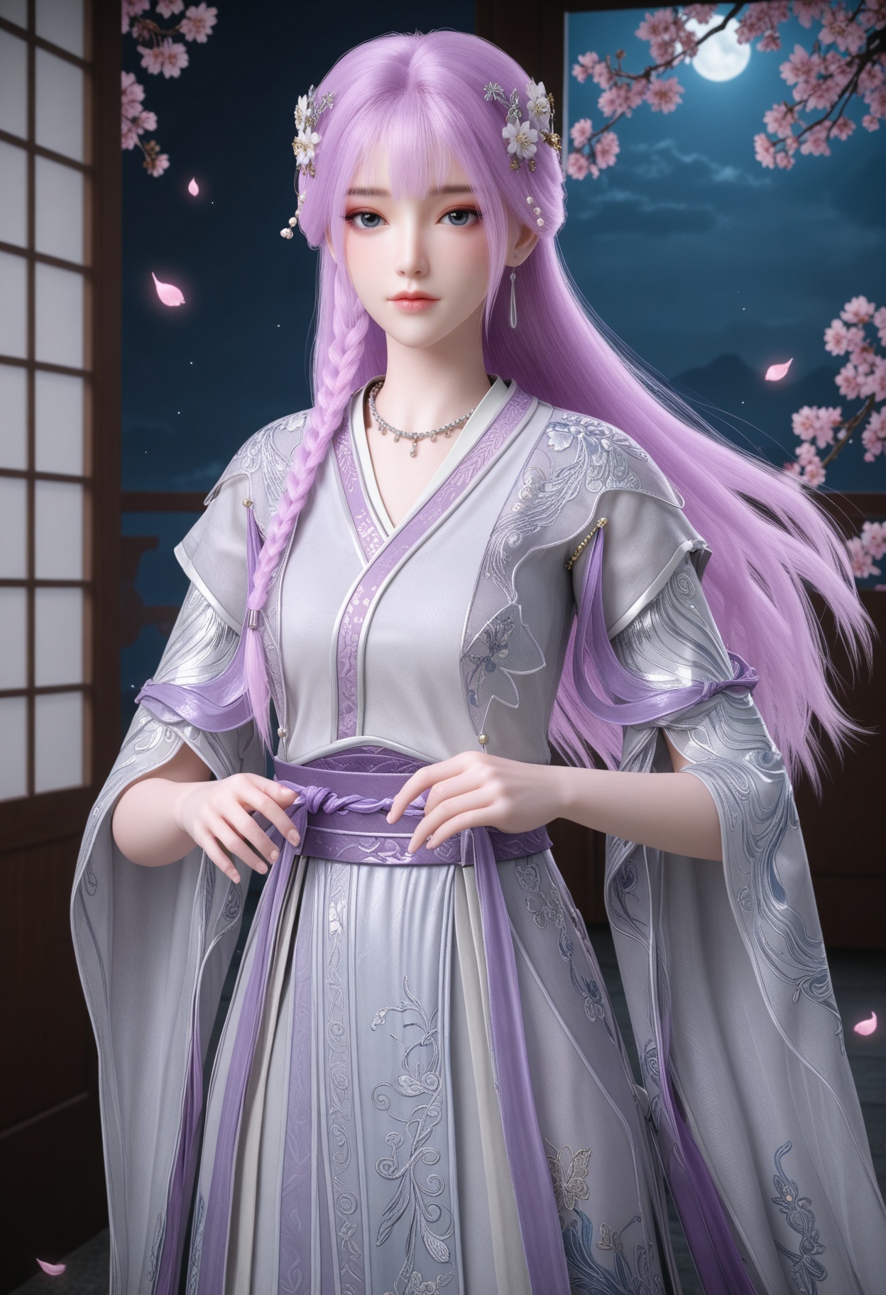 (cowboy shot:1.2),(looking at viewer:1.1),masterpiece,(best quality),smog,Dark room,dim lighting,peach blossom,falling petals,<lora:YQ_Illustrious光辉v5_天穹_少女_V1:0.8>,q1528437228,1girl,solo,long hair,purple hair,jewelry,hair ornament,earrings,braid,necklace,dress,hair flower,blue eyes,pink hair,chinese clothes,green eyes,side braid,grey eyes,japanese clothes,wide sleeves,long sleeves,sash,robe,