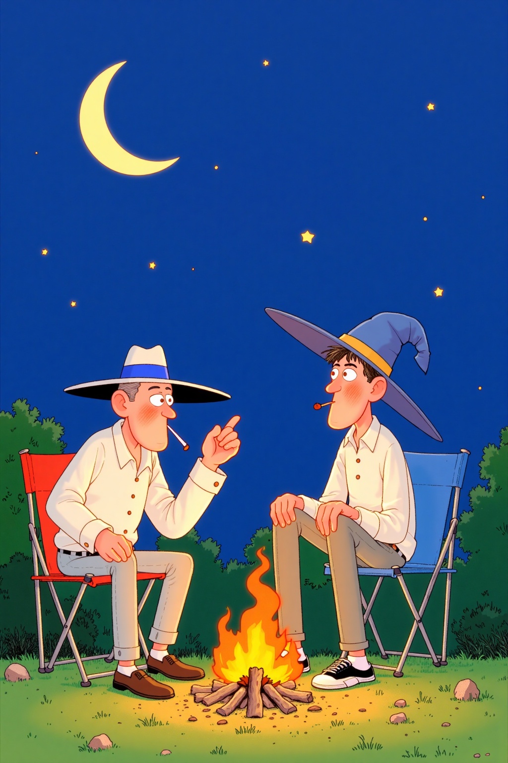 beijihui,Captured in a cartoonish scene, two men are seated in folding folding chairs facing each other. The man on the left is wearing a white long-sleeved button-down shirt, gray pants, and a blue and white hat. His right hand is resting on his lap and he is holding a cigarette in his mouth. His mouth is open, as if he is smoking. His left hand is crossed over his chest, while his right hand rests on his hip. His hat is blue, with a white band around the brim. His eyes are red, and his mouth is slightly open. A fire is burning in front of the men, and it is burning. The background is a deep blue sky with a crescent moon in the upper left corner of the frame, and there are small white stars dotting the sky.