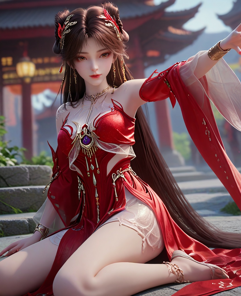 (oriental architecture, elegant decor, sophisticated style:1.1),Sitting with one leg raised and arms reaching forward,(breasts:1.2),<lora:XL16完美世界火灵儿天神境:0.95>,miss huolinger,solo,red dress,brown eyes,brown hair,absurdly long hair,double bun,hair ornament,jewelry,detached sleeves,bracelet,, zPDXL2, score_9, score_8_up, score_7_up BREAK realistic, masterpiece,best quality, highly detailed,, zPDXL3, zPDXL2,zPDXL, zPDXLxxx, zPDXLrl,