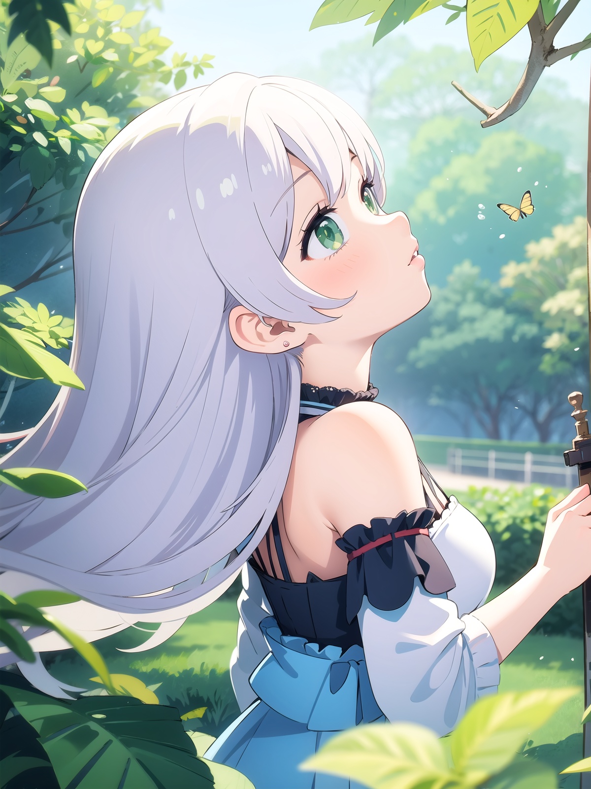(best quality),((masterpiece)),1girl,white hair,green eyes,looking up,floating hair,butterfly,from side,wings,nature,