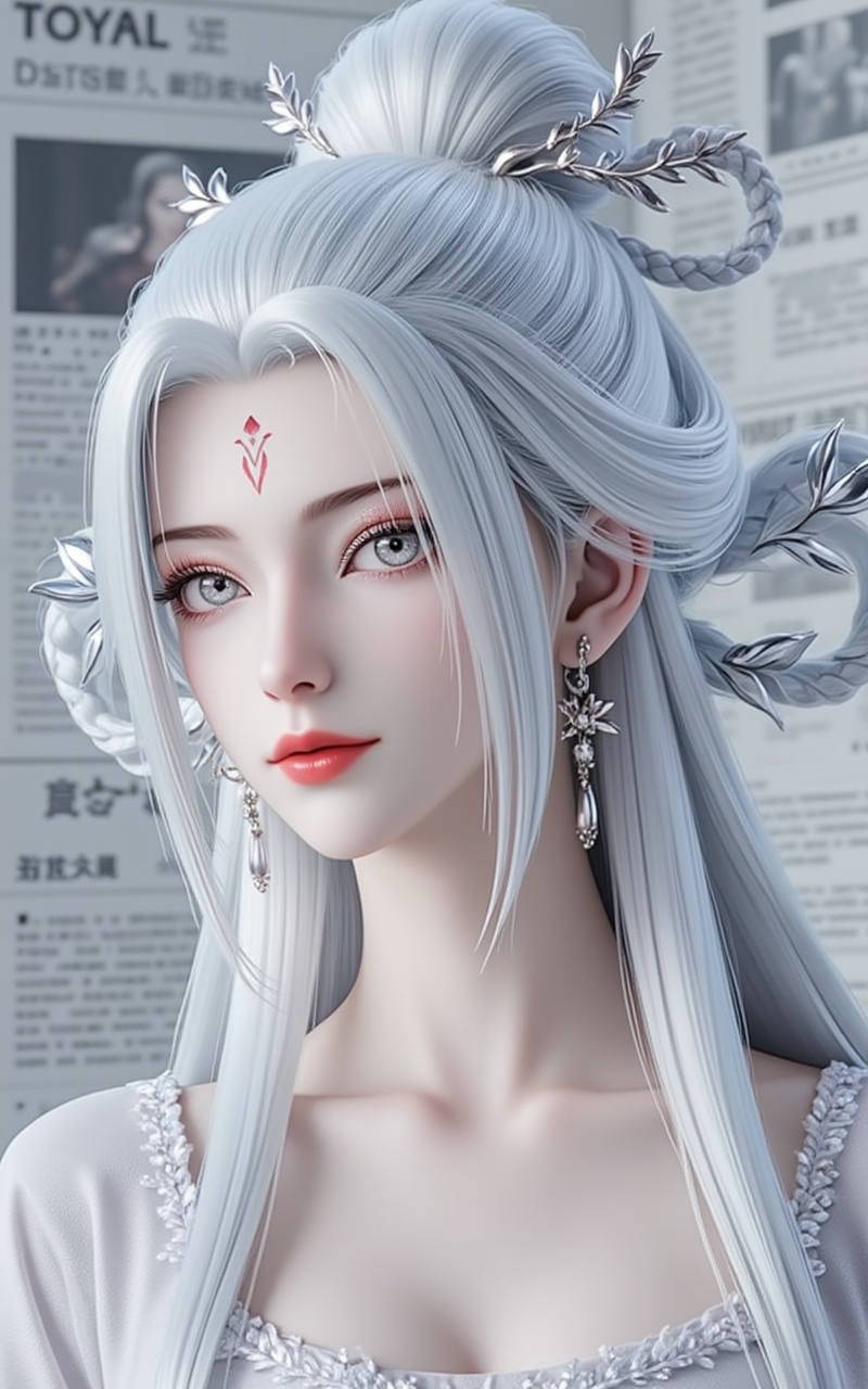 <lora:小白·发髻·衣服百搭款6:1.1>,xiaobai,1girl,solo,jewelry,earrings,white hair,hair ornament,long hair,facial mark,forehead mark,braid,red lips,closed mouth,makeup,grey eyes,hair rings,looking at viewer,cover,gradient background,close-up details,outstanding style,adding a touch of dimension to your images without compromising details,close-up,<lora:DJ滤镜_2.5D版:0.3>,lvjing,<lora:油画唯美滤镜15:0.2>,baoshi,<lora:报纸背景·5:0.4>,baozhi,paper,newspaper,the newspaper wall,newspaper background,