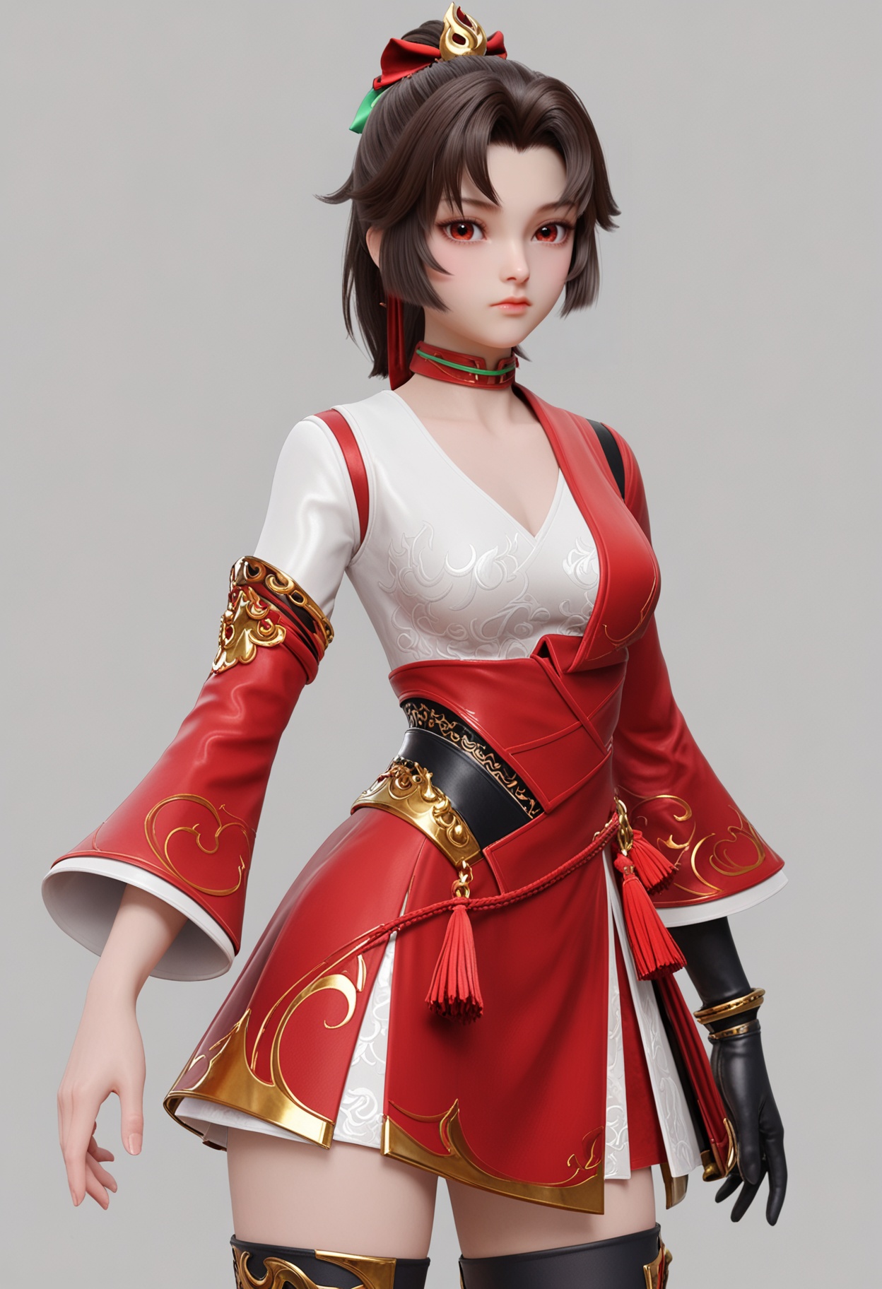 score_9,high detail,best quality,cinematic lighting,volumetric lighting,shiny skin,shiny,yunying,1girl,solo,red eyes,dress,breasts,brown hair,single glove,white_background,red dress,black thighhighs,long sleeves,ponytail,closed mouth,miniskirt,choker,short hair,hair ornament,simple background,looking at viewer,upper_body,hair ribbon,white_dress,<lora:QQSponyyunyingV1:0.8>,<lora:Pony_DetailV2.0:0.8>,<lora:皮肤凹痕:0.1>,
