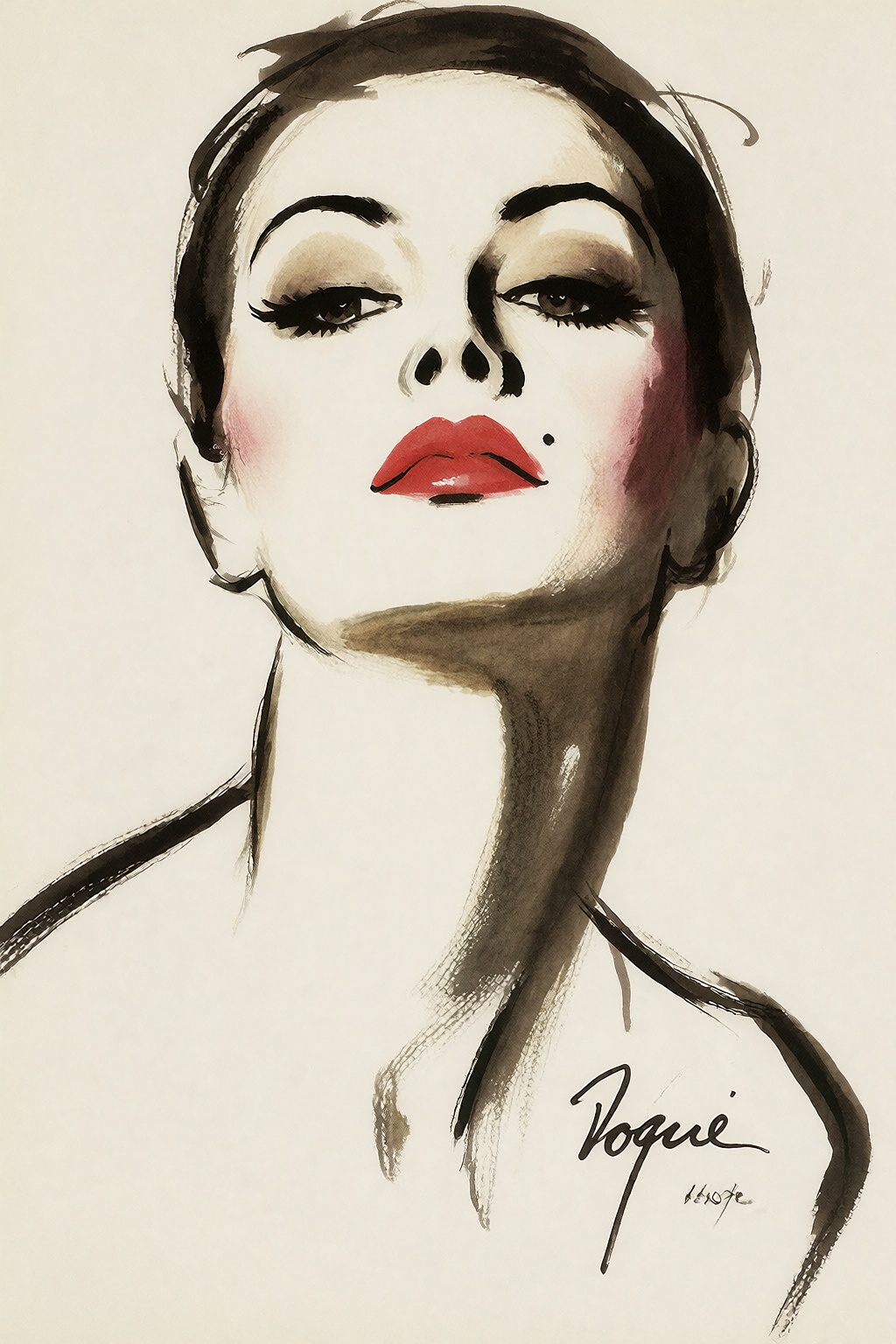 fashion illustration in the manner of René Gruau,  extreme close-up of a woman's striking red lips and a single beauty mar...