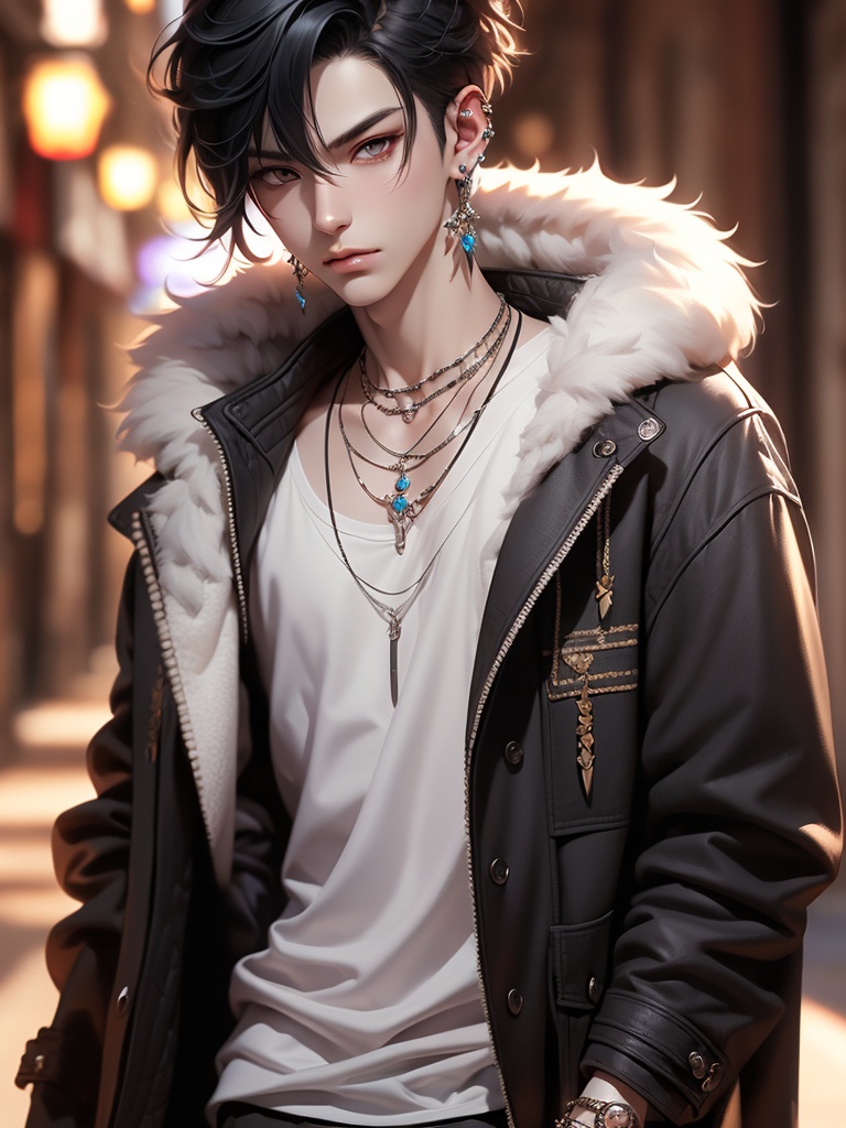 Best quality,masterpiece,8k,CG,1boy,jewelry,male focus,solo,black hair,blur background,earrings,mole under eye,fur trim,necklace,upper body,looking at viewer,piercing,short hair,coat,jacket,realistic,ear piercing,