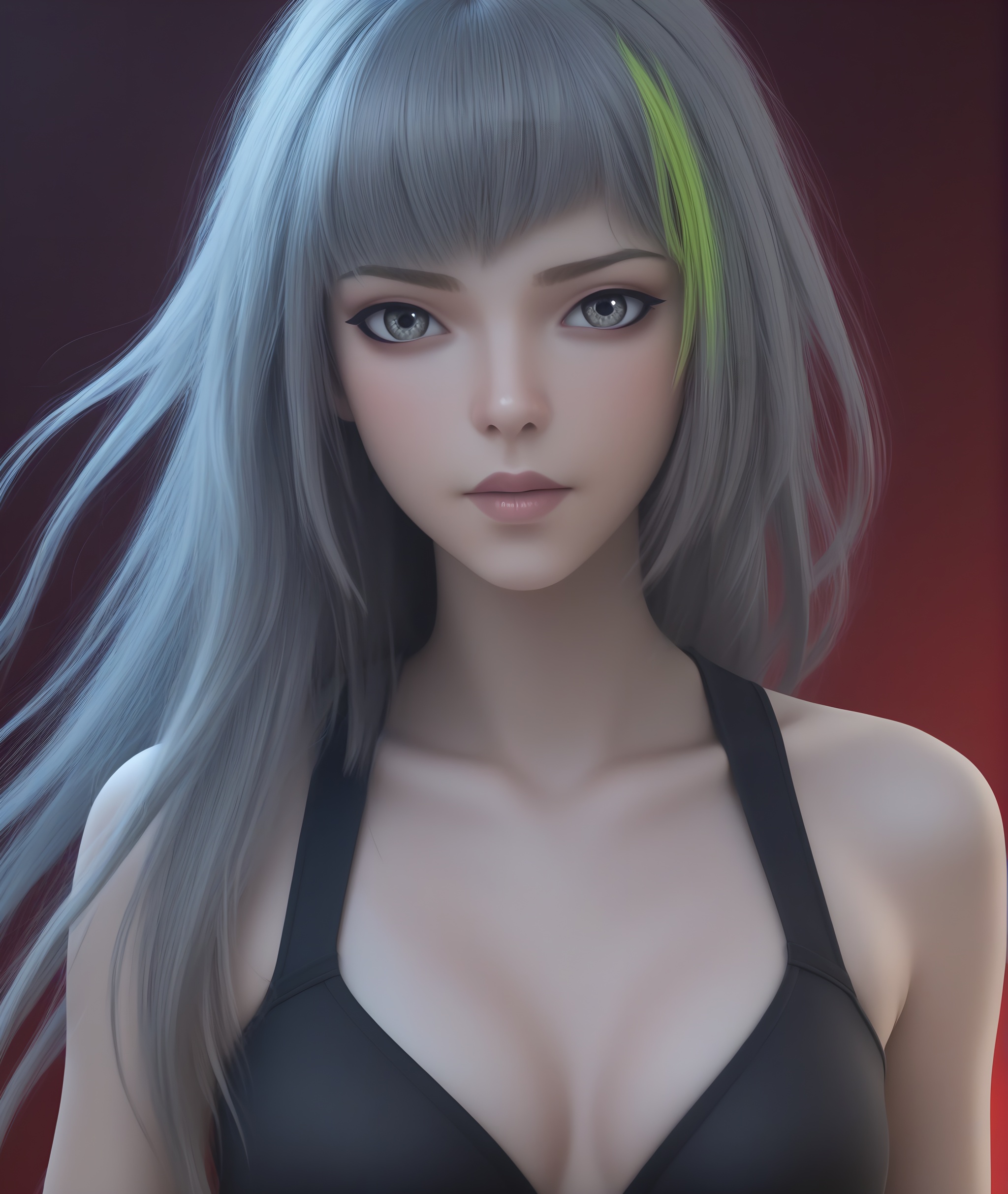 (score_9),<lora:白月魁pony-v2:0.8>,long hair,(light_eyes:1.1),(shiny_eyes:1.1),(glowing_eye:1.1),gray eyes,grey hair,(green streaked hair),streaked hair,sportswear,bra,panties,groin,(mound of venus)looking at viewer,front view,BREAK(red background),masterpiece,best quality,absurdres,highres,hd,eyelashes,eyes,perfecteyes,realistic,