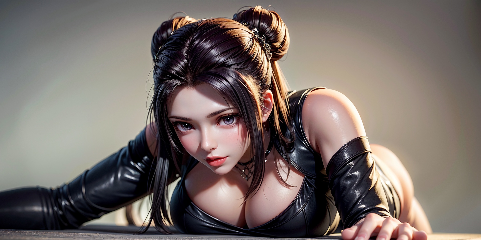 masterpiece,best quality,illustration,anime,looking at viewer,simple gray background,upper_body,1girl,solo,(mature_female:1.2),black hair,double_bun,long hair,breasts,black tight fitting leather jacket,detached sleeves,cleavage,large breasts,cleavage cutout,lips,<lora:add_detail:1>,<lora:yueguan_20240305182317:0.7>,crawling,