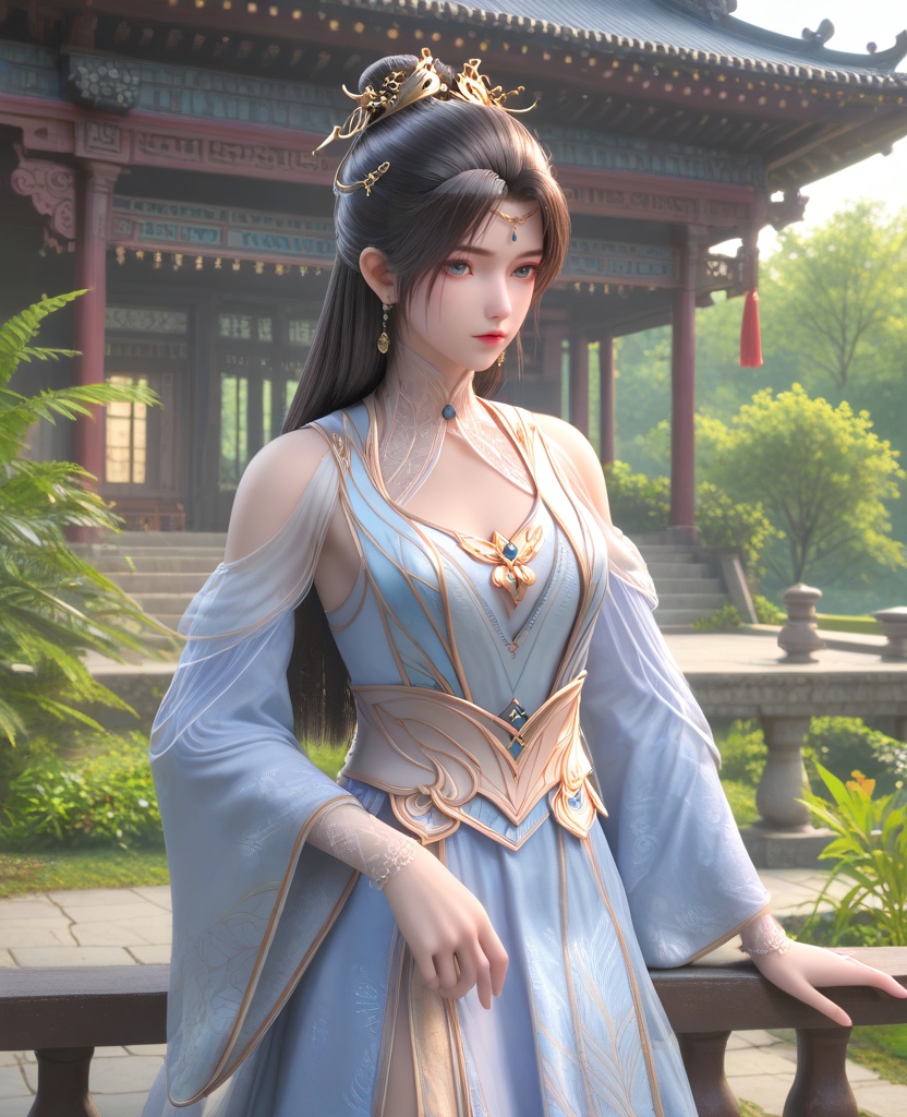 (oriental architecture, elegant decor, sophisticated style:1.1),(Standing near a railing or fence, holding it with both hands, gazing ahead,:1.1),(breasts:1.2),<lora:XL16神墓雨馨:0.95>,miss yuxin,white blue tiered dress,blue eyes,black hair,traditional chinese updo with long cascading hair,hair ornament,jewelry,earrings,sash,, score_9,score_8_up,score_7_up,score_6_up,score_5_up,score_4_up,3d rendering,tag1,tag2, Cinematic Lighting,backlighting,