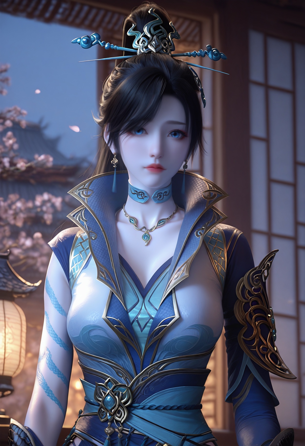 Qing_ling,1girl,jewelry,earrings,hair ornament,blue eyes,black hair,hair bun,necklace,single hair bun,looking at viewer,tattoo,hair stick,high ponytail,cowboy shot,<lora:Qing_ling_10_illu-000004:0.75>,gloves,fingerless gloves,collar,official alternate costume,chinese clothes,sash,blue dress,choker,hip vent,scales,photorealistic,hyperrealistic,<lora:realistic filter [IL]:1>,(pale skin:1.1),standing,(upper body:1.5),close up,head shot,lantern,open window,looking at viewer,indoors,mountains,blossoms,flowers,east asian architecture,beautiful sunrise,warm ambient temperature,