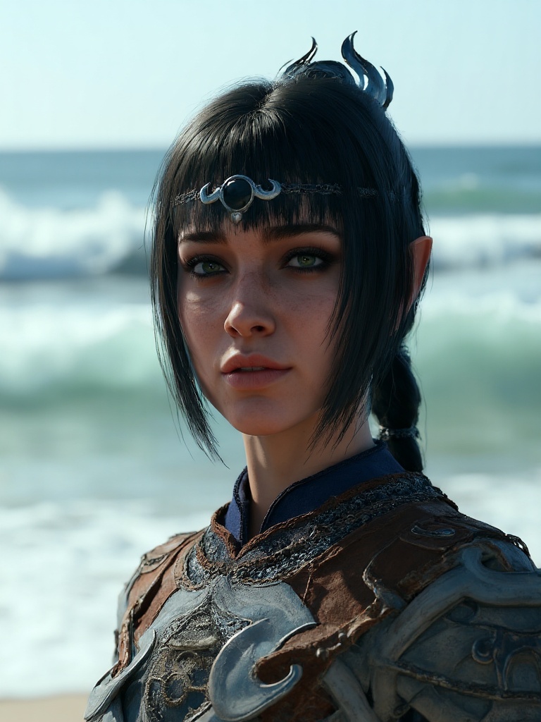 sdwhrt,  woman wearing armor,  she is outside at the beach on Tensor.Art