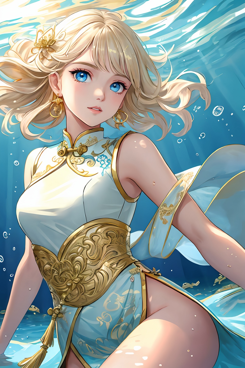 abstract background,(illustration:1),masterpiece,best quality,detailed face and eyes,1 girl,underwater hair physics,air bubbles,light coming through water,reflections,laying in water,split layers of water,beauty,white | (gold:1.4) hair,dynamic pose,jewelry,earrings,blue eyes,hair ornament,chinese clothes,tassel earrings,Take a sword,shine eyes01,