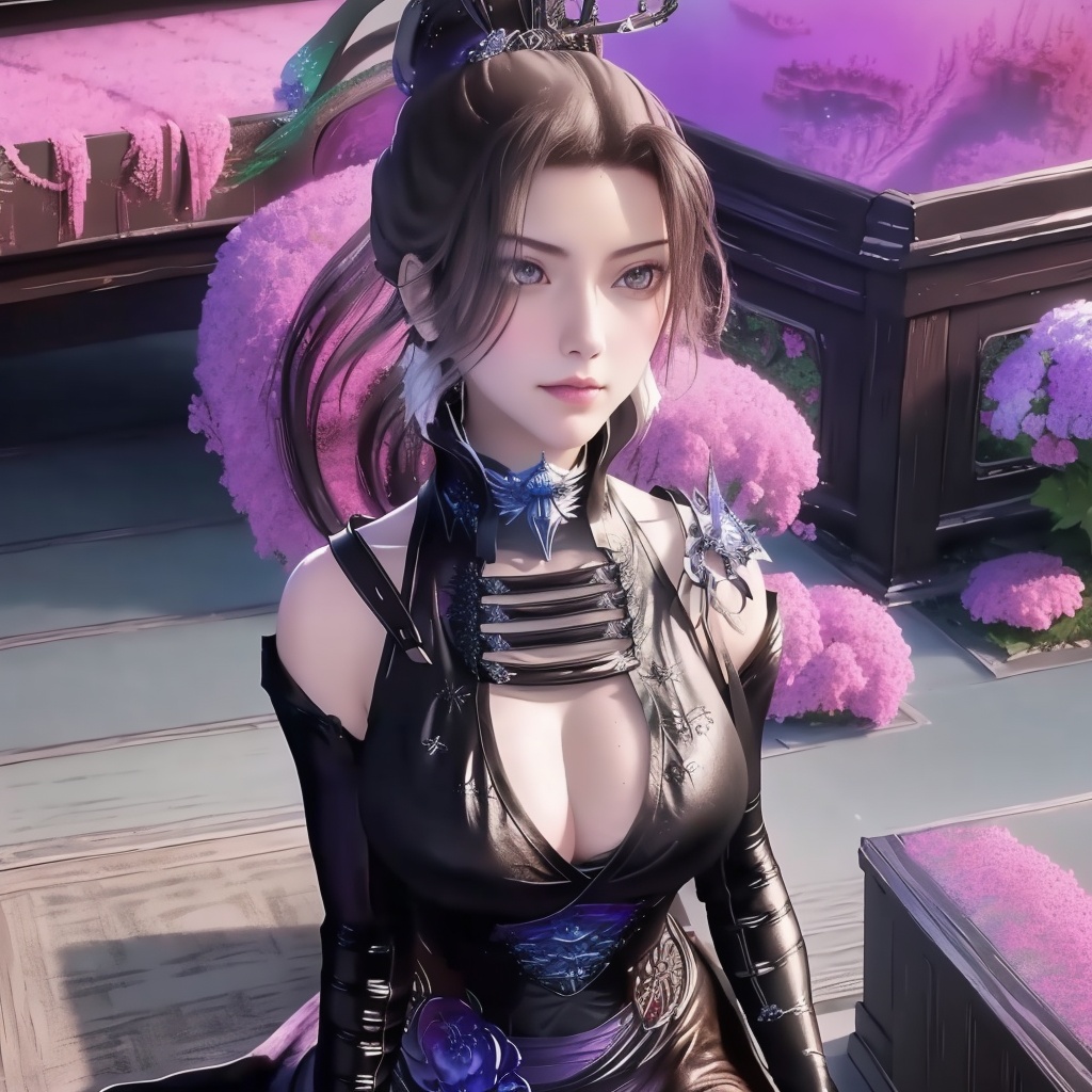 <lora:万界至尊-李雪衣-皮衣:0.8>, (,1girl, ,best quality, ),looking at viewer,,anime,(masterpiece, top quality, best quality, official art, beautiful and aesthetic:1.2), (1girl)	, , (cleavage),, extreme detailed,(fractal art:1.3),colorful, flowers ,highest detailed,(by Jeremy Lipking)    (cleavage),,  (), (sit),