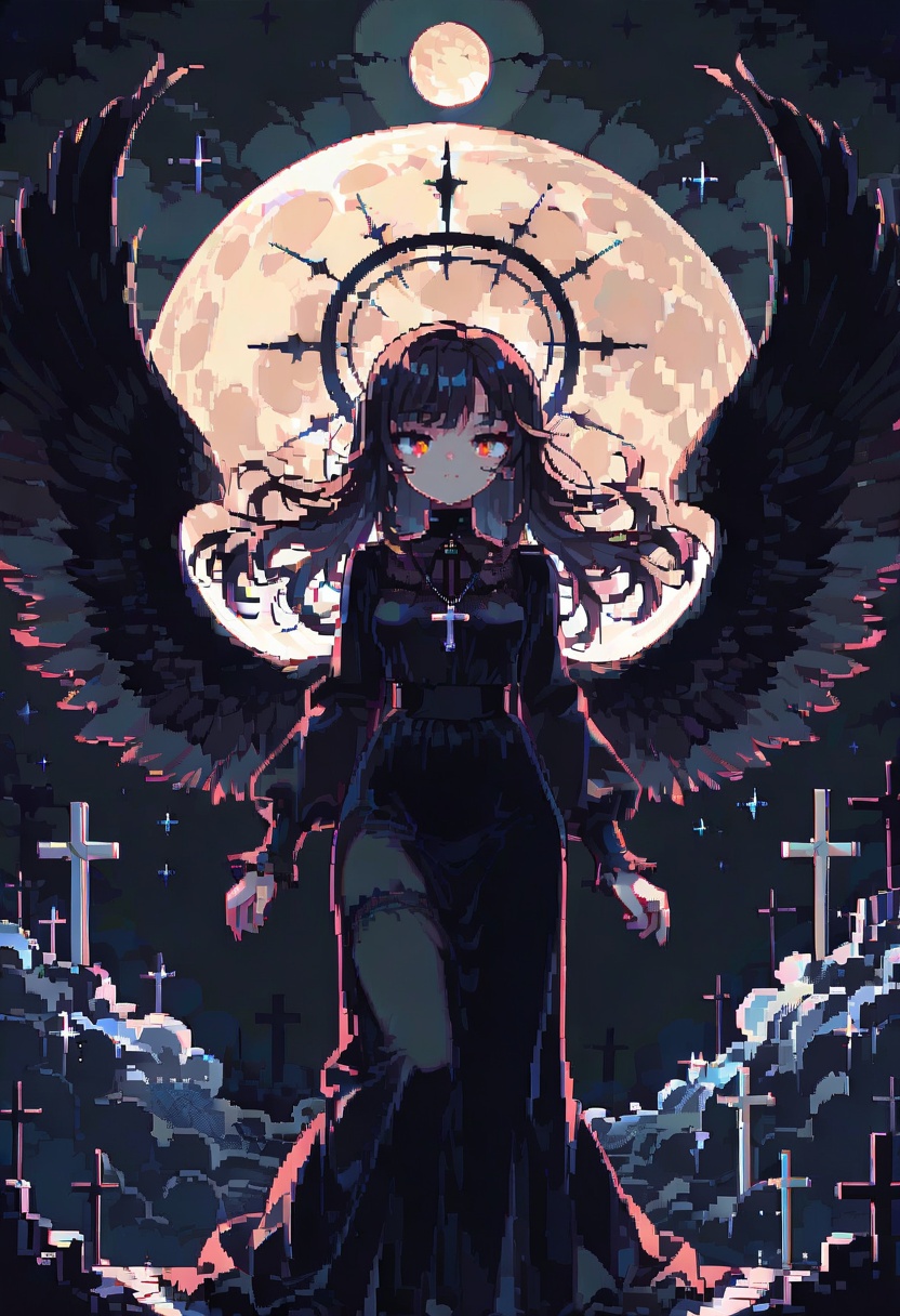 dpa,pixel art, 1girl, solo, halo, long hair, red eyes, wings, cross, dress, black hair, moon, black dress, black wings, looking at viewer, long sleeves