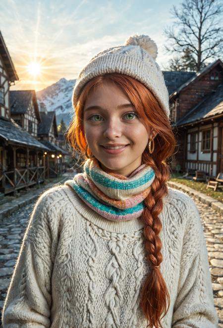 hyperrealism,raw photo, 8k, real human, score_9, score_8_up, score_7_up, score_6_up, score_5_up, score_4_up, masterpiece, ultra-detailed, high resolution, 1girl, 18 years old, very beautiful, sweet soft smile:1.3, cute, kawaii, youthfull, timid, irish girl, (long ginger hair one braid with bangs:1.2), (beautiful perfect detailed green eyes:1.6), thin pink glossy lips, small nose upturn, (thin ginger eyebrown:1.6), (detaild background outdoor, sunny day, winter mountain small towm, stone houses:1.3), (long soft furry multicolored pastel shade scarf:1.4), soft wool hat, soft white sweater, beautiful smile, closed mouth,closed lips, gold loop earrings, <lora:Dramatic Lighting Slider:1.6>, (dramatic lighting:1.0), (sun out of frame:1.6)