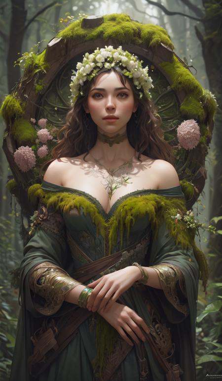 a human figure made of moss and flowers, beautiful high quality realistic fantasy art, trending on artstation by artgerm and greg rutkowski and alphonse mucha