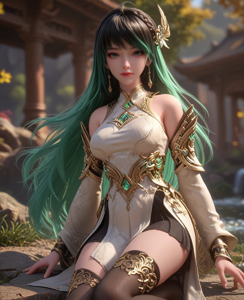 (oriental architecture, elegant decor, sophisticated style:1.1),(slouching:1.1),(breasts:1.2),<lora:XL16克金玩家林紫玥新手村:0.95>,miss linziyue,white corset top with coattails,black miniskirt,green eyes,aqua ombre hair,very long hair,hair ornament,jewelry,earrings,detached sleeves,black thighhighs,, score_9,score_8_up,score_7_up,score_6_up,score_5_up,score_4_up,3d rendering,tag1,tag2, Cinematic Lighting,backlighting,, zPDXL3, zPDXL2,zPDXL, zPDXLxxx, zPDXLrl,