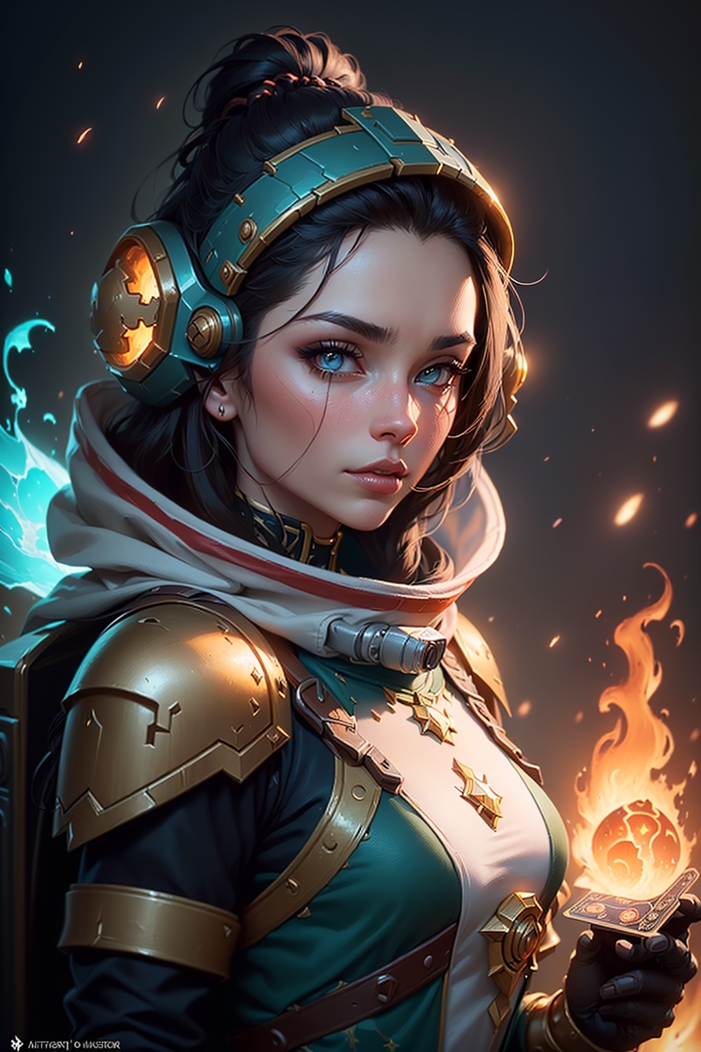 ((best quality)), ((masterpiece)), (detailed), woman standing before fire, (Jason Benjamin:1.2), (Artstation contest winner:1.1), (fantasy art:1.3), (portrait armored astronaut girl:1.2), (Peter Mohrbacher:1.1), (unreal engine:1.1), (Hearthstone card game artwork:1.1), spiked metal armor, (dynamic composition:1.3), (8k resolution:1.2)