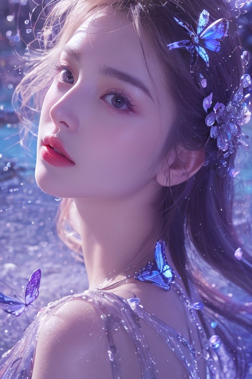 1girl,take a bath on the lake, the water is bright and sparkling, like colorful glass,(Many purple bubbles:1),(Half-length photo:1.8),(blue butterfly),exposed back,The posture of getting up from the lake,(fluorescent hair)