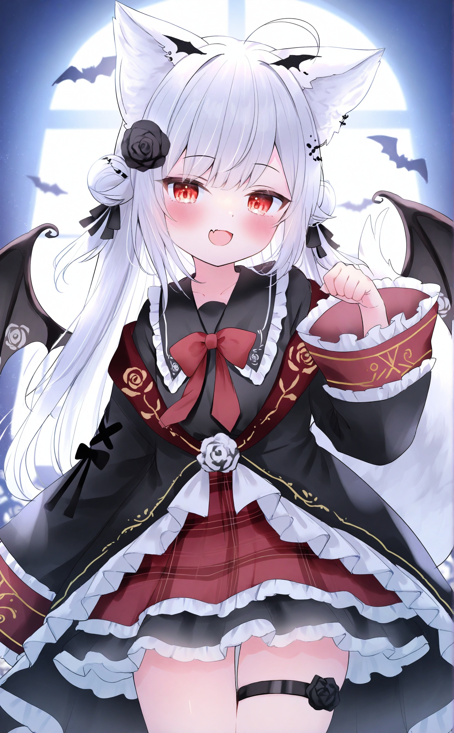 1girl, animal ears, wings, red eyes, white hair, fox ears, long hair, hair ornament, fox girl, black rose, frills, tail, solo, black flower, bat wings, flower, rose, ahoge, long sleeves, open mouth, looking at viewer, smile, skirt, fang, paw pose, hair bun, fox tail, virtual youtuber, frilled skirt, animal ear fluff, double bun, hair flower, skin fang, thigh strap, :d, cat ears, blush, jacket, shirt, frilled jacket, coat, red bow, plaid, black shirt, red skirt, demon wings, black jacket, wide sleeves, bow, <lora:rucaco-000038:1>