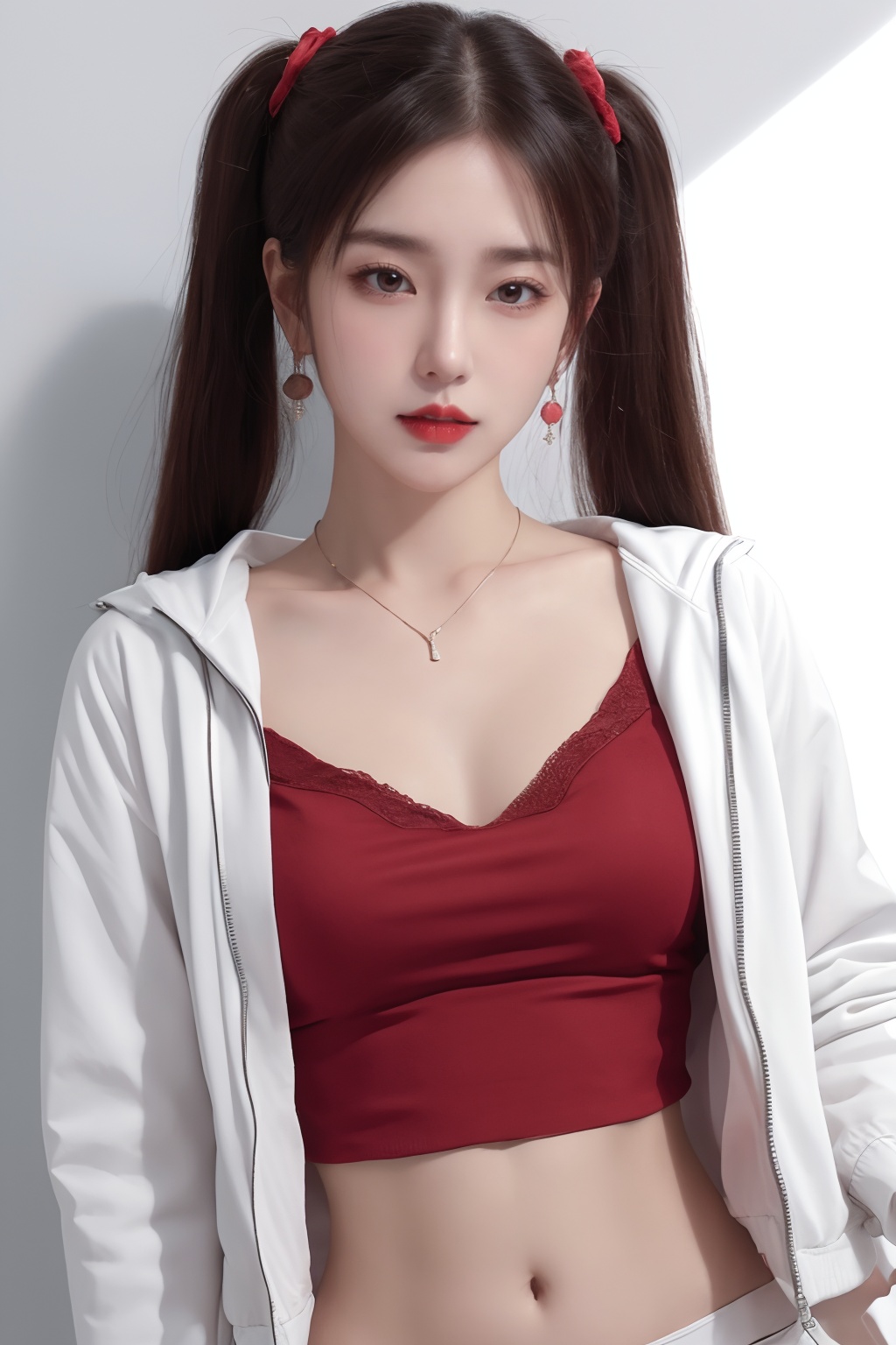 1girl, breasts, cleavage, crop top, earrings, jacket, jewelry, lips, long hair, looking at viewer, medium breasts, midriff, navel, necklace, realistic, red lips, solo, twintails, white jacket  <lora:美女1.0:1>
