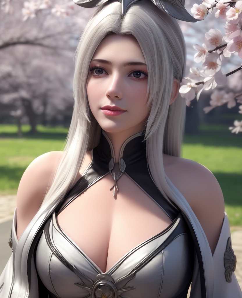 <lora:584-DA-星辰变-白灵:0.8>(,1girl, ,best quality, ),looking at viewer,  ultra detailed background,ultra realistic 8k cg,ultra detailed 8k cg,masterpiece,upper body,  (( , )),, ,science fiction,mole, ultra realistic 8k cg, ,    ,outdoors, sun,sunlight, cherry blossoms,      (cleavage), (),