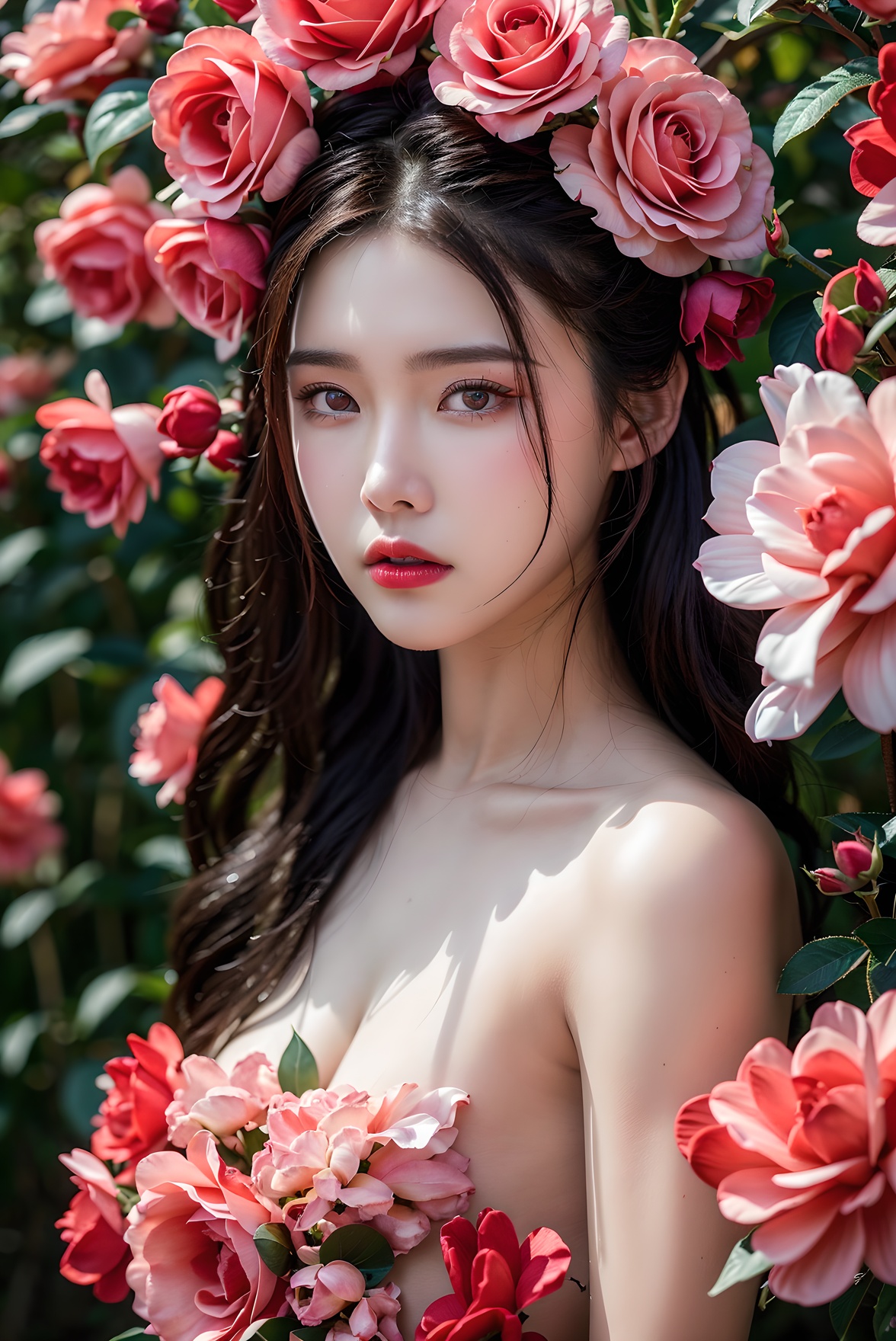 1girl,flower,solo,(Photography blockbuster:1.6),masterpiece,8k,rose,looking at viewer,makeup,red lips,long hair,red flower,petals,red rose,brown eyes,pink flower,lips,collarbone,lipstick, <lora:rose fashion:0.6>,
