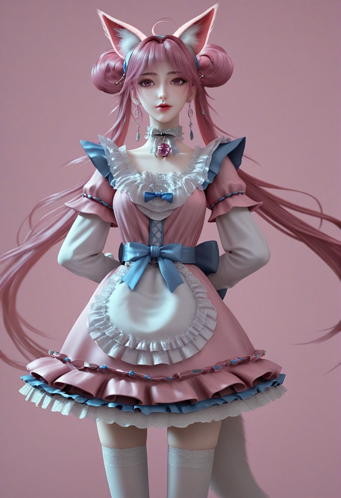 (score_9),<lora:小狸-Apony:0.86>,xiaohuli,solo,animal ear fluff,fox ears,double bun,long hair,twintails,pink hair,ahoge,hairband,earrings_ring,lipstick,choker,neck bell,frills,jewelry,earrings,maid dress,bow,belt,blue sash,thighhighs,white thighhighs,standing,<lora:perfect-eyes:0.8>,pink eyes,(((arms_behind_back))),(mature_female:1.1),mature,collarbone,<lora:e色温:0.5>,(white_skin),(fair_skin),<lora:e肤色滑块:0.5>,front view,light blush,simple background,(huge filesize:1.1),(wallpaper:1.1),(game cg:1.1),rim light,pink background,<lora:Expressive_H:0.8>,<lora:detailed_notrigger:1>,<lora:皮肤凹痕:1.2>,<lora:身材滑块:1>,