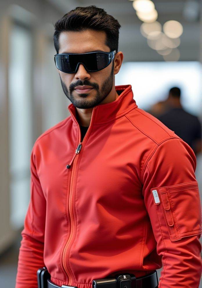 Harman Singha ,  Hi-res photo. He wears futuristic electronic glasses. He is wearing a light red,  close fitting flight su...