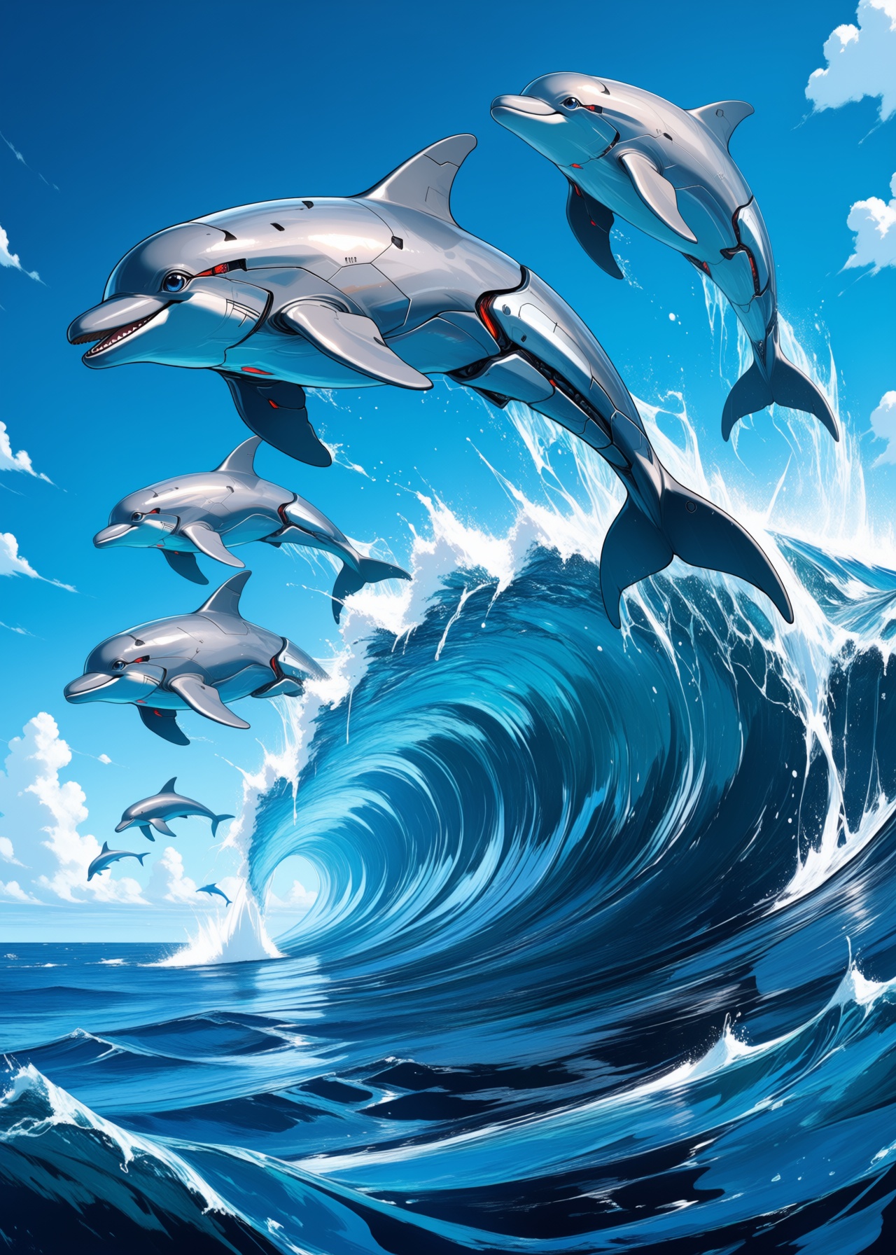 masterpiece,  best quality,  an ocean with cybernetic dolphins jumping out of metallic waves on Tensor.Art