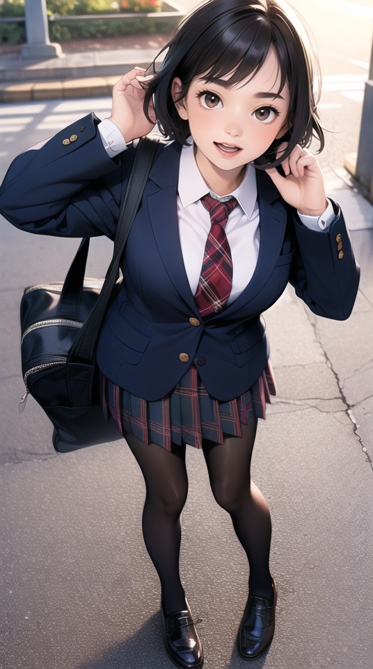 (best quality), ((masterpiece)), (highres), illustration, original, extremely detailed.1girl, solo, black hair, pantyhose, skirt, open mouth, school uniform, brown eyes, smile, short hair, necktie, bag, cardigan, jacket, looking at viewer, blazer, plaid, plaid skirt, black pantyhose, pleated skirt, school bag, breasts