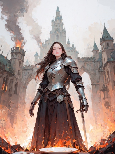 masterpiece, very awa, very aesthetic, newest,best quality, amazing quality, delicate,minimalism, ethereal atmosphere, rococo movement,medieval castle, battleground, fire, smoke,dynamic angle, dynamic pose, detailed background, armor, plate armor, sword,a girl, gorgeous girl, detailed face,sleek long hair, flowing hair,looking at viewer, light smile