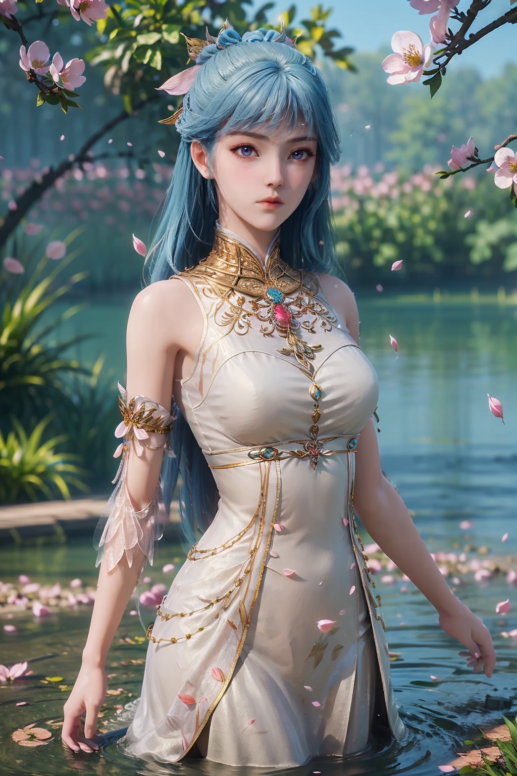 1girl,solo,closed mouth,(hair ornament),jewelry,dress,arms at sides,(looking at viewer),outdoors,nature,(water,lake,petals on liquid),(peach blossom:1.2,falling petals:1.3),((upper body)),3d,game cg,Highly detailed,(best quality:1.5,masterpiece:1.5),<lora:斗罗大陆2绝世唐门_王冬儿_2.0:0.7>,