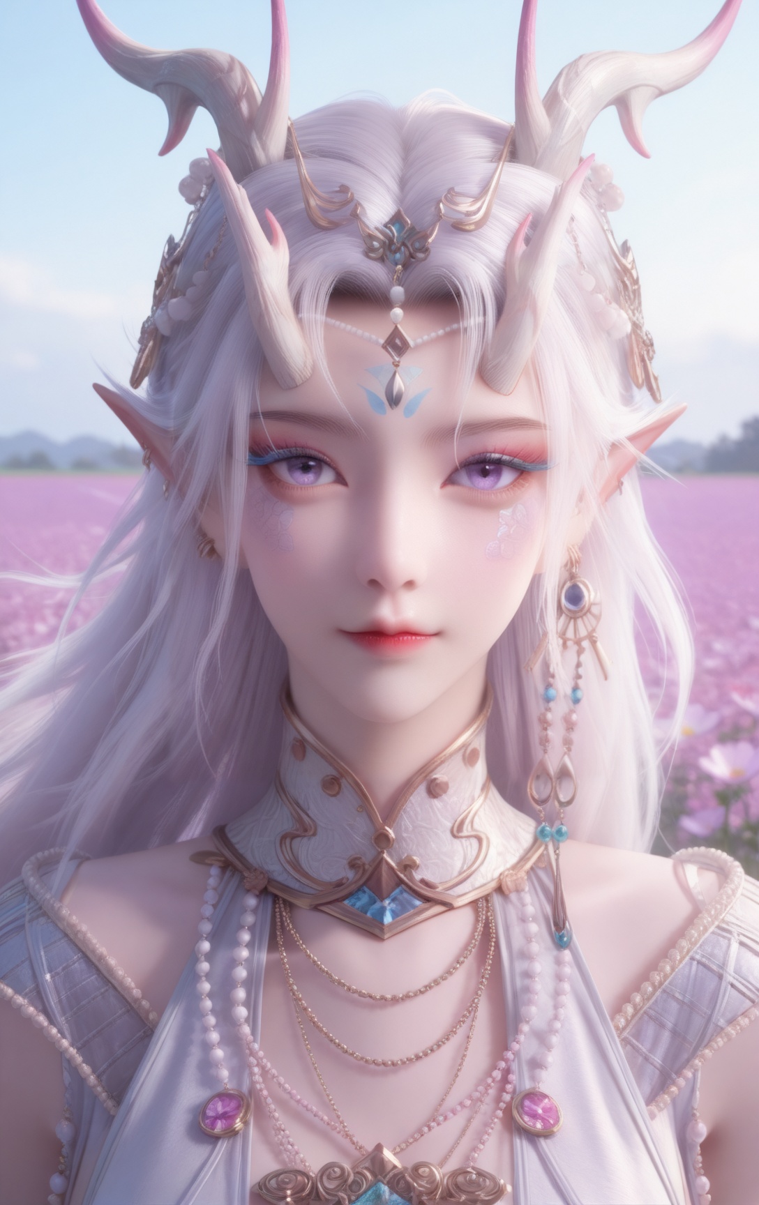 fengny,1girl,solo,jewelry,looking at viewer,horns,pointy ears,earrings,long hair,white hair,necklace,gem,facial mark,makeup,purple eyes,hair ornament,closed mouth,grey eyes,flower field,wind,floating hair,day,<lora:fengny:0.8>,