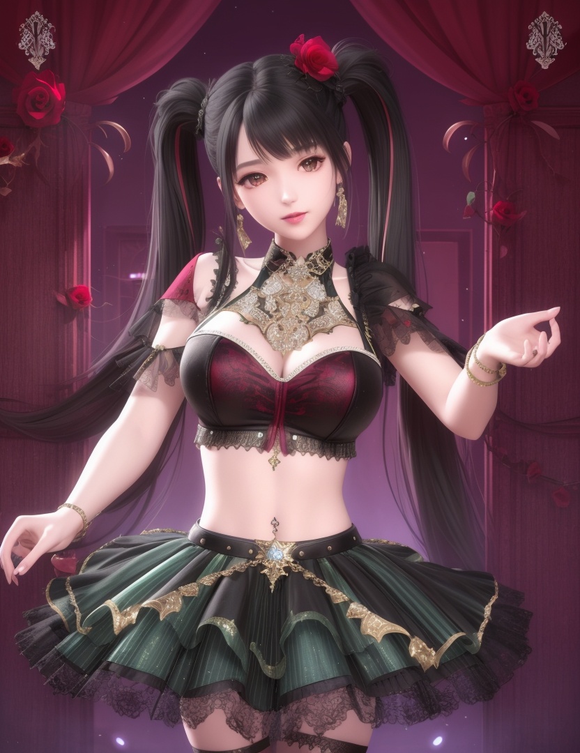 ultra realistic 8k cg, picture-perfect face, flawless, clean, masterpiece, professional artwork, famous artwork, cinematic lighting, cinematic bloom, perfect face, beautiful face, fantasy, dreamlike, unreal, science fiction , beautiful clothes, lace, lace trim, lace-trimmed legwear,  (rich:1.4), prestige, luxury, jewelry, diamond, gold, pearl, gem, sapphire, ruby, emerald, intricate detail, delicate pattern, charming, alluring, seductive, erotic, enchanting, hair ornament, necklace, earrings, bracelet, armlet,halo((,1girl, pov,))  (((,multiple_girls, 2girls, flower, rose, multicolored_hair, midriff, twintails, skirt, gigantic breasts, looking at viewer, )))   <lora:DA_ChloeNightWings:0.6>