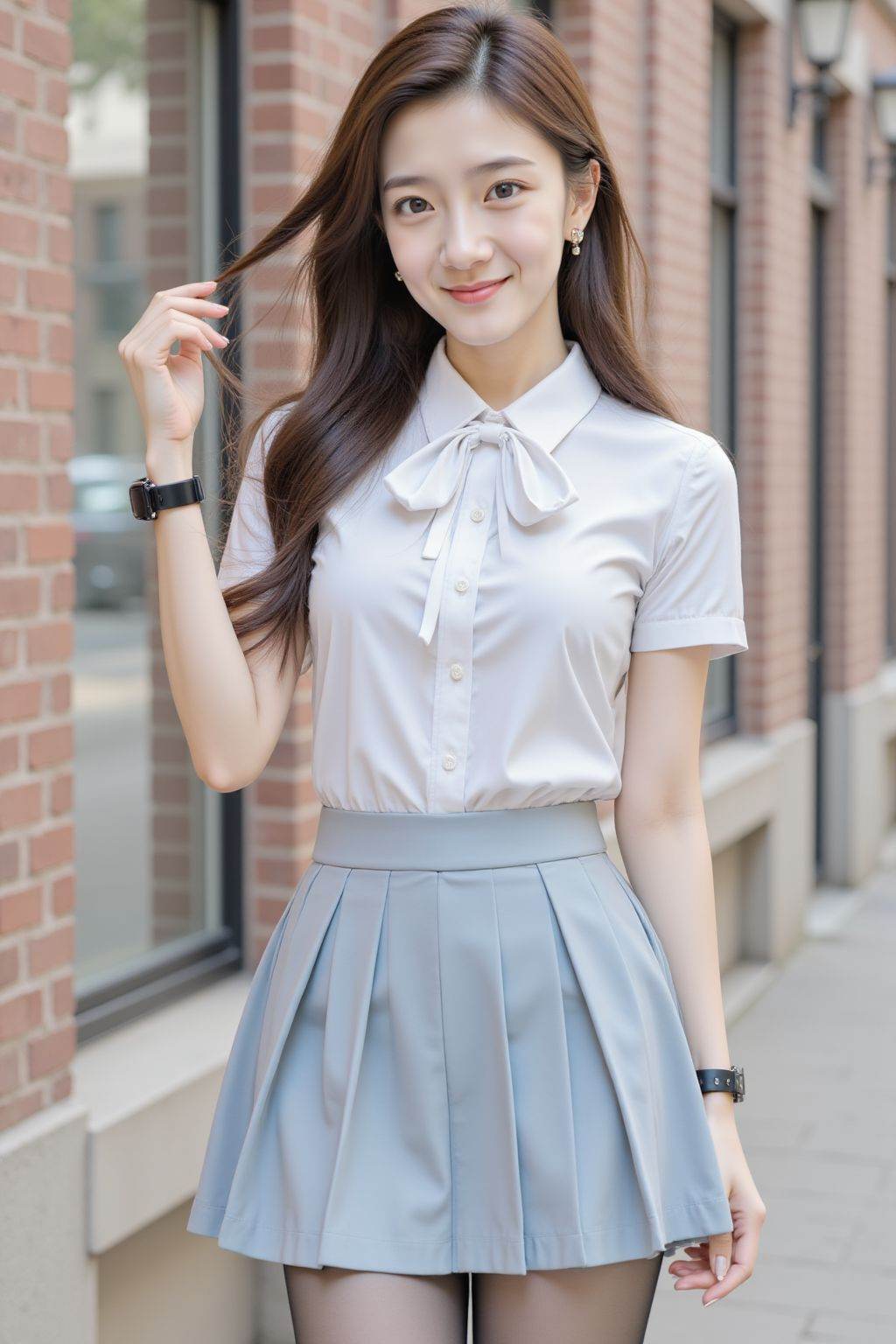 A young woman stands outdoors near a brick building with windows. She wears a white short-sleeved collared shirt paired with a tie that has a bow at the collar. Her skirt is a light blue pleated design,and she has on black tights. Her long,dark hair flows down her back,and she wears a black wristwatch on her left wrist. One hand is raised,gently lifting a strand of hair,while the other hand rests by her side. The background features a brick wall with a window and a sidewalk,with some blurred architectural details. The overall scene is well-lit,suggesting daytime.,