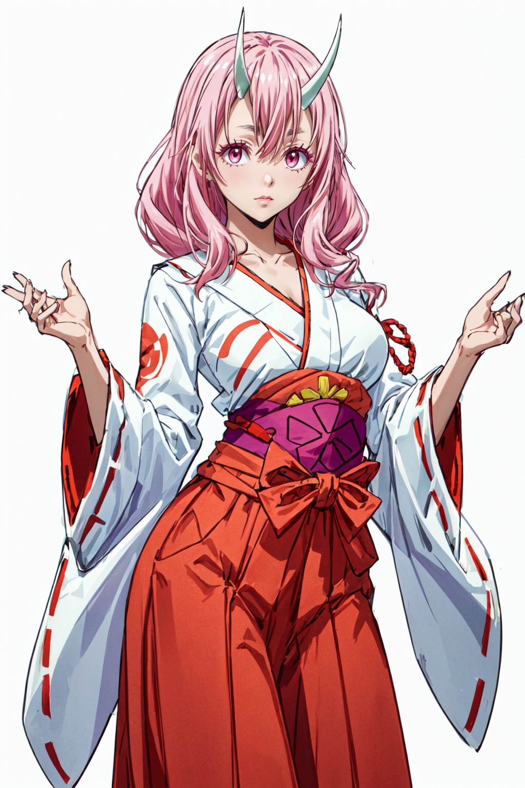 1girl,looking at viewer,solo,oni,horns,pink hair,long hair,hair between eyes,red eyes,pink eyes,miko,japanese clothes,red hakama,ribbon trim,ribbon-trimmed sleeves,hakama,white kimono,skirt,kimono,collarbone,wide sleeves,long sleeves,hakama skirt,red ribbon,breasts,ribbon,<lora:Shuna:0.8>,Shuna_CYQL,full_shot,beautiful face,beautiful eyes,glossy skin,shiny skin,white background,simple background,posing in front,masterpiece,best quality,beautiful and aesthetic,contrapposto,female focus,wallpaper,fashion,