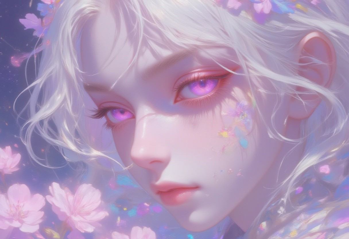 a digital illustration shoot from a profile camera angle about a close-up portrait of a young woman with striking purple e...