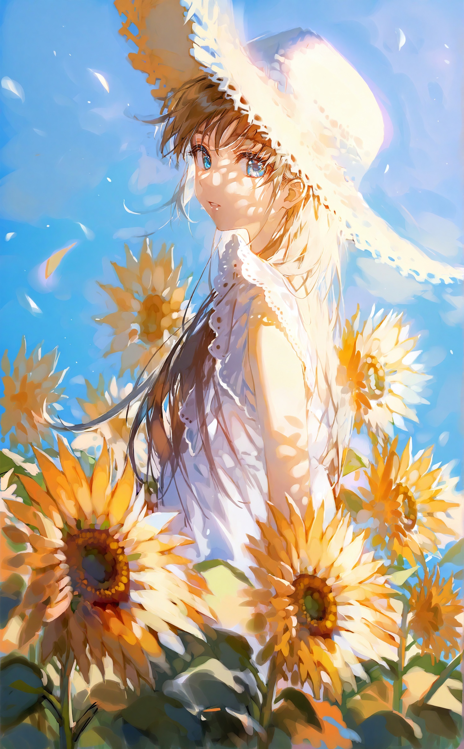 1girl,sunflower,flower,solo,hat,blue eyes,long hair,outdoors,looking at viewer,dress,sky,blue sky,white dress,straw hat,sun hat,yellow flower,brown hair,sleeveless,day,parted lips,sleeveless dress,petals,upper body,sunflower field,sundress,from side,field,sunlight,flower field,falling petals,looking to the side,summer,yellow headwear,sidelighting,<lora:ciloranko-000040:1>,