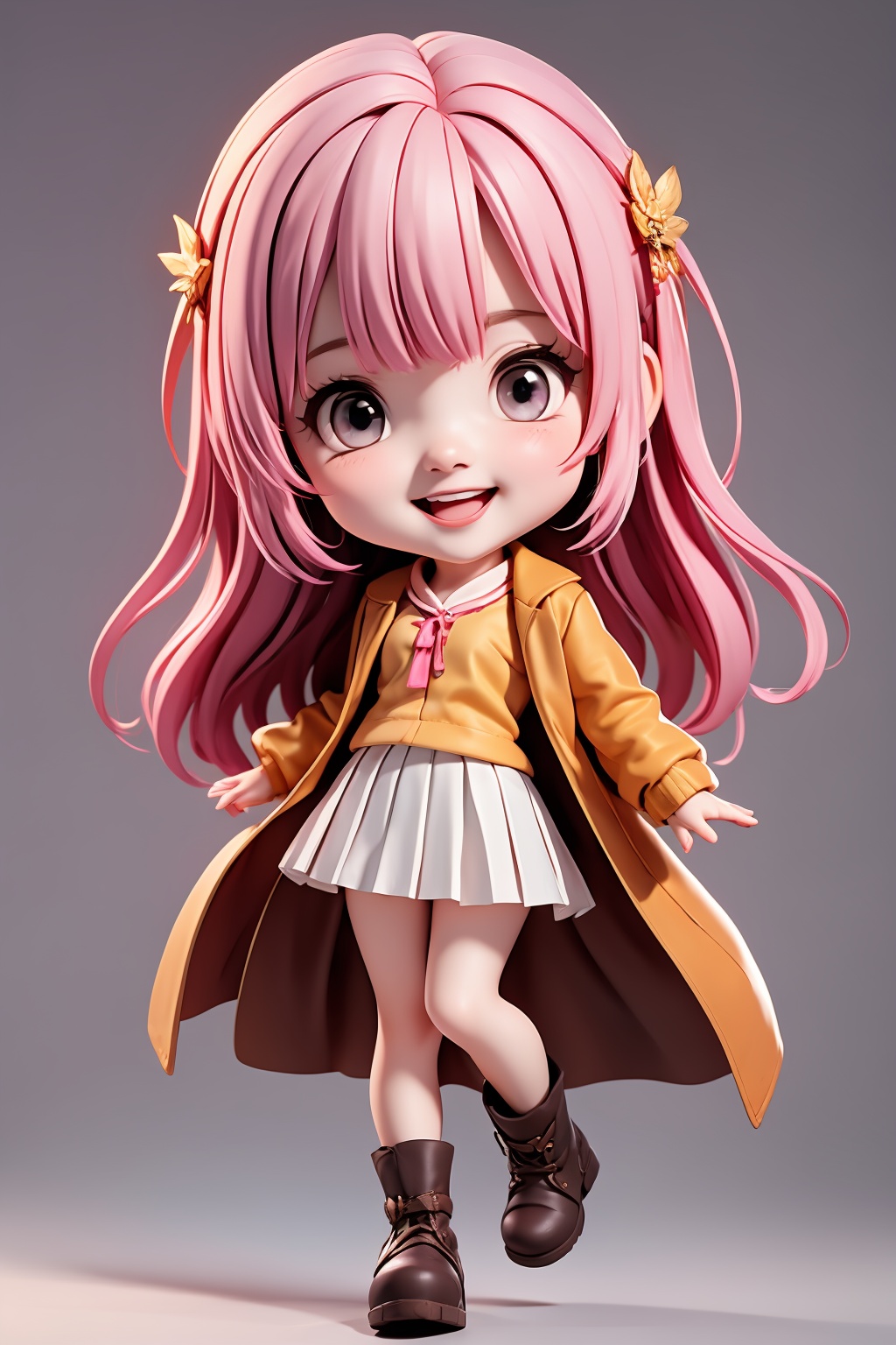 1girl, solo, chibi, footwear, skirt, pink hair, long hair, boots, open mouth, skirt, hair ornament, looking at viewer, smile, jacket, full body, pleated skirt, long sleeves, shirt, open clothes, shirt, white jacket, standing, coat, blush, standing on one leg,