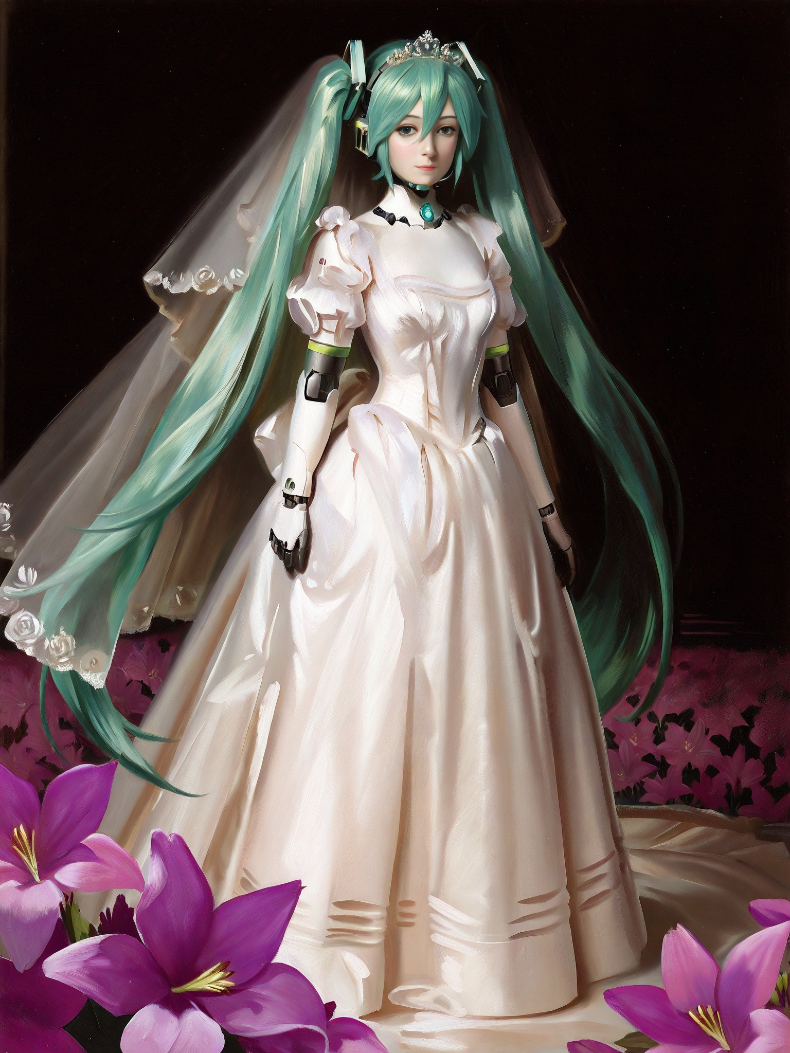Best quality, masterpiece, official quality,official art, high-quality,,painting,oil painting, <lora:AS ART Sargent :1>1girl,solo,popular virtual singer Hatsune Miku,she has long,bright blue-green twin ponytails,green twin ponytails smooth porcelain skin,soft light,wedding dress,veil,white long skirt walking in a sea of ​​purple flowers,creating a magnificent impression and a dynamic composition,white skin,dark background,robot girl,