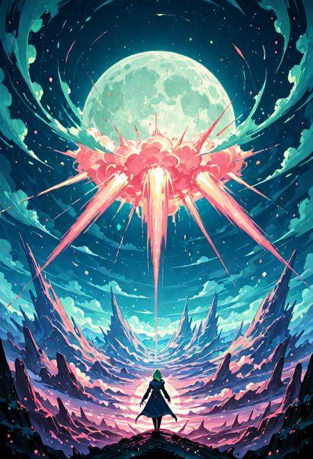 color splash, Green,Blue,pink  nuclear explosion, fantasy landscape background, night,full moon