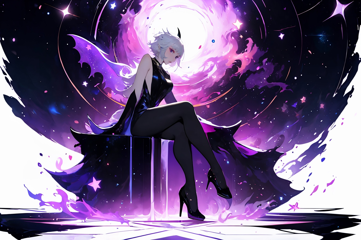 (masterpiece, best quality,top quality),[(white background:1.5)::5],(wide shot:0.95),from_below,(full body),Dynamic angle,solo,1 woman,looking at viewer,sitting,dragon_horns,demon_wings,silver hair,black long dress,(black pantyhose:1.3),bandaid_on_leg,),black magic,purple theme,(universe in background:1.2),star_(sky),hyper_galaxy,depth_of_field,planet in background,particle effects,<lora:GI_Card05:0.7>,gicard,
