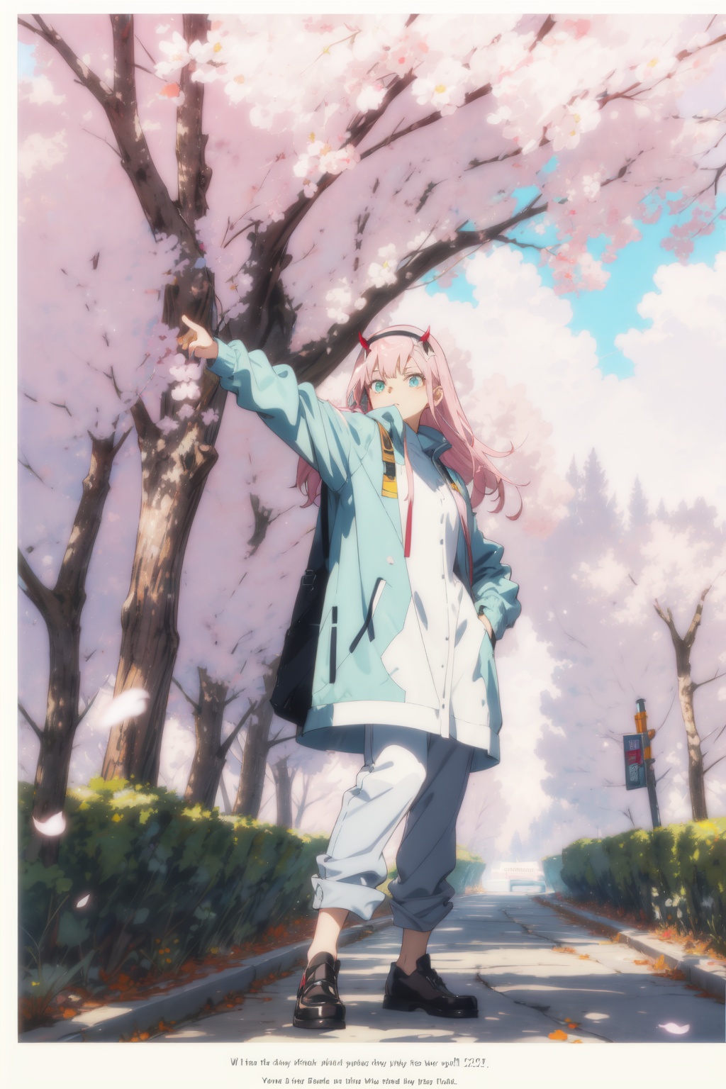 1girl,looking at viewer,solo,anime coloring,long hair,pink hair,straight hair,bangs,white hairband,horns,green eyes,eyeshadow,02_CYQL,<lora:02:0.8:lbw=MIDD>,Oversized puffer coat with a high collar and glossy finish,(shy stretching profile front view:1.1),beautiful face,beautiful eyes,glossy skin,shiny skin,Bamboo, Forest, Mist, Morning, Silence, Green, Tranquility, Pathway,Cherry blossoms, Magnolia trees, Park benches, Joggers, Urban skyline, Afternoon sun,beautiful detailed sky,beautiful detailed glow,(movie poster:1.2),(border:1.3),(English text:1.4),posing in front of a colorful and dynamic background,masterpiece,best quality,beautiful and aesthetic,contrapposto,female focus,fine fabric emphasis,wallpaper,fashion,depth of field,intricate_detail,finely_detailed,fine_fabric_emphasis,glossy,<lora:增强减少细节add_detail:0.4>,