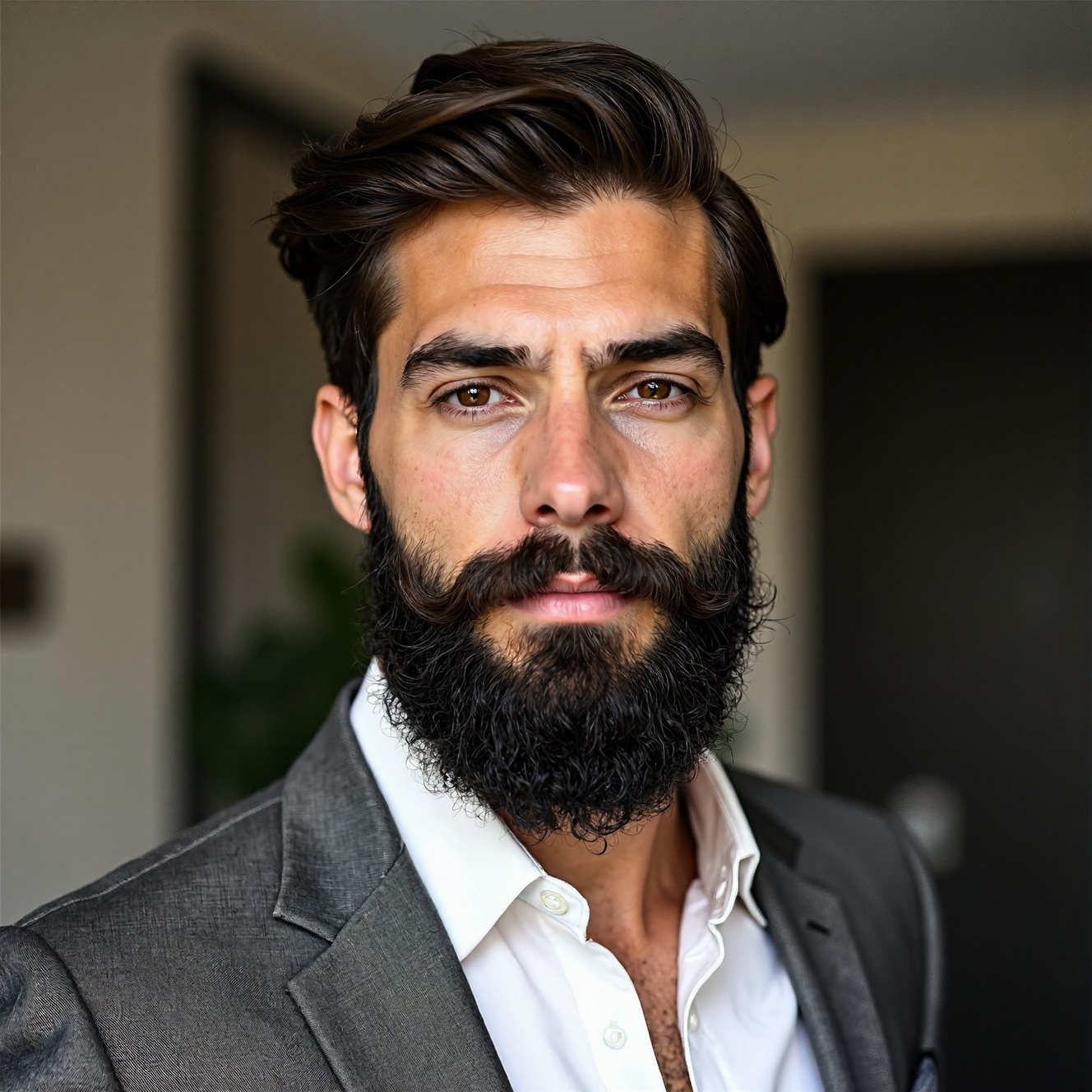 RAW photo,  a candid full body portrait of a beautiful man with a beard in a grey suite,  8k uhd on Tensor.Art