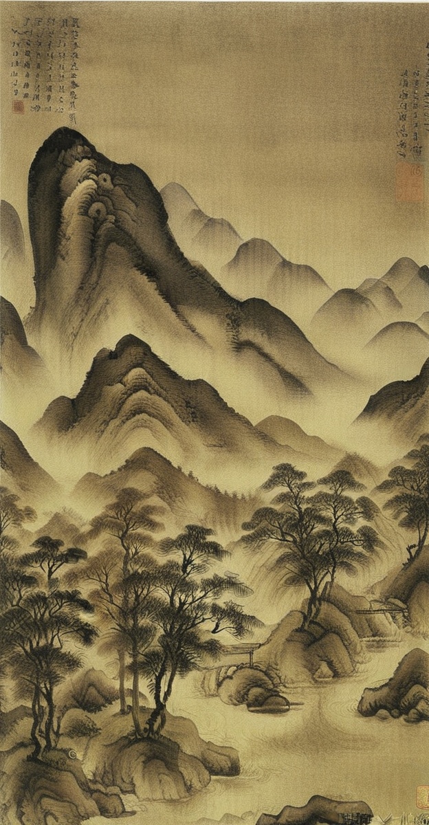 Yshanshui, tree, scenery, mountain, outdoors, traditional media, monochrome, sepia, no humans, nature, fog, rock, forest a painting of a mountain range with trees and mountains in the background, with a river running through it,<lora:XL_YSshanshuiV10:0.8>