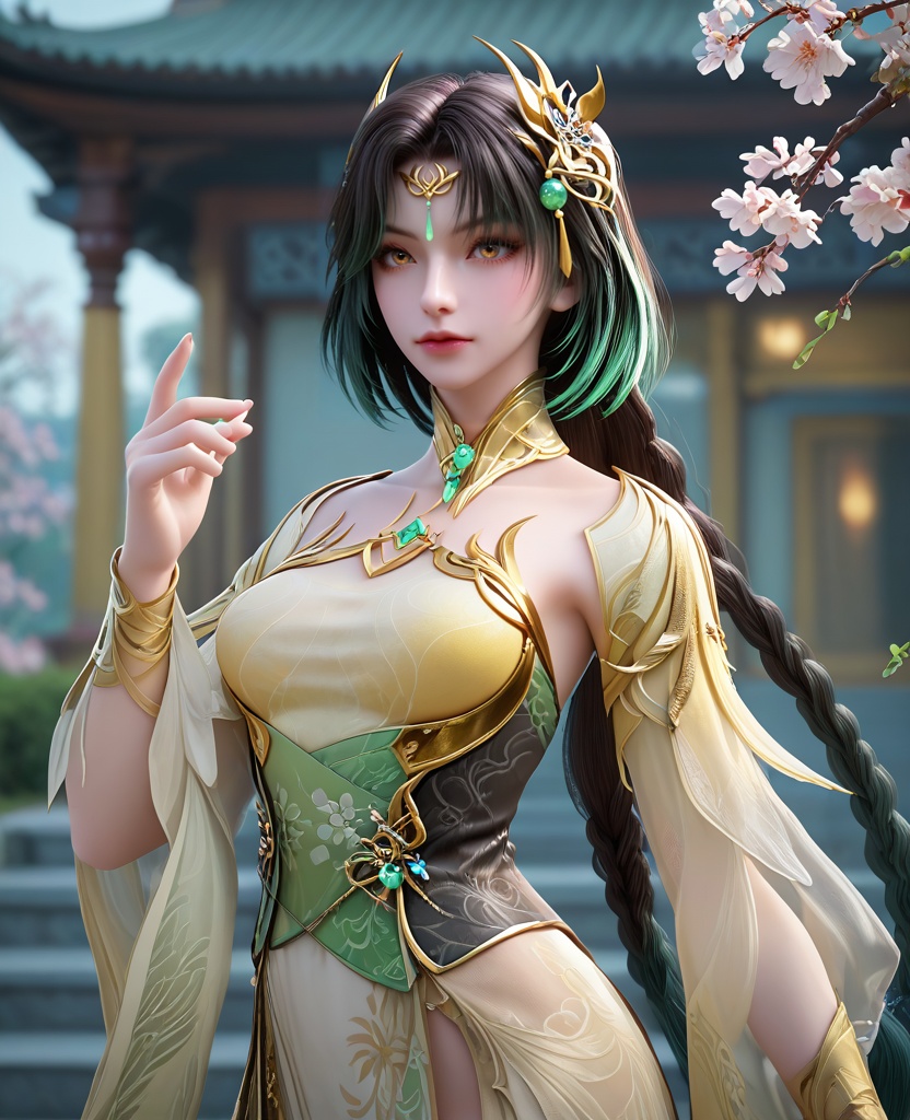 (oriental architecture, elegant decor, sophisticated style:1.1),Hands forming a heart shape,(breasts:1.2),<lora:XL16完美世界苏兰:0.95>,miss sulan,yellow bandeau,bobtail,brown eyes,black hair,green highlights,braided ponytail,hair ornament,detached collar,very long hair,sash,black bobtail,, zPDXL2, score_9, score_8_up, score_7_up BREAK realistic, masterpiece,best quality, highly detailed,, zPDXL3, zPDXL2,zPDXL, zPDXLxxx, zPDXLrl,