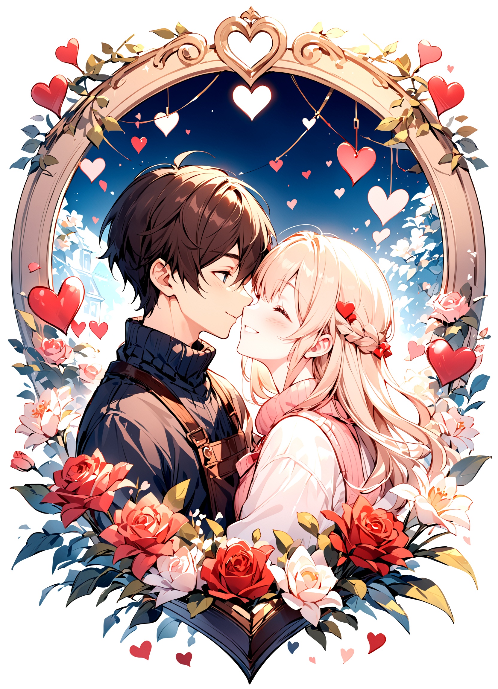 An illustration depicting a sweet Valentine's Day moment between a boy and a girl. The boy and girl are shown enjoying a romantic and memorable Valentine's Day together. They are portrayed in a charming and heartwarming style, with smiles on their faces and a joyful aura surrounding them. The scene is filled with symbols of love and affection, such as hearts, flowers, and chocolates. The color palette chosen for this image is soft and warm, reflecting the tender emotions of the couple. The overall result is a delightful portrayal of a boy and girl celebrating a sweet Valentine's Day, beautifully rendered in a style that captures the essence of love and happiness.
